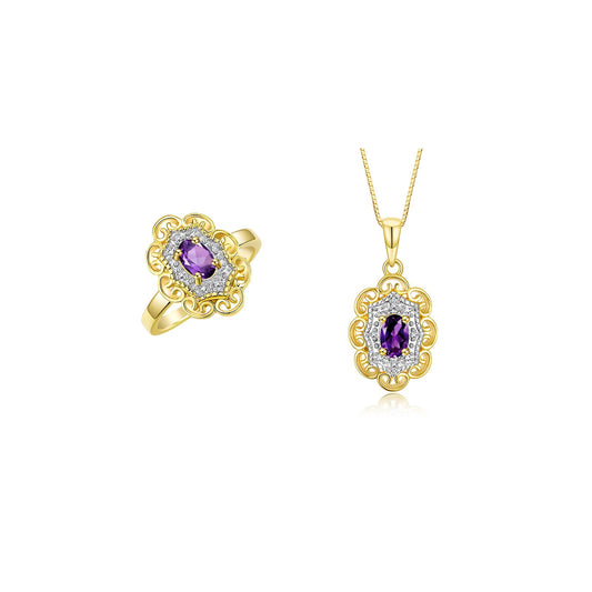 RYLOS Matching Set 14K Yellow Gold Floral Pattern Halo Pendant Necklace & Ring. Gemstone & Diamonds, 18" Chain. 6X4MM Birthstone; Sizes 5-10