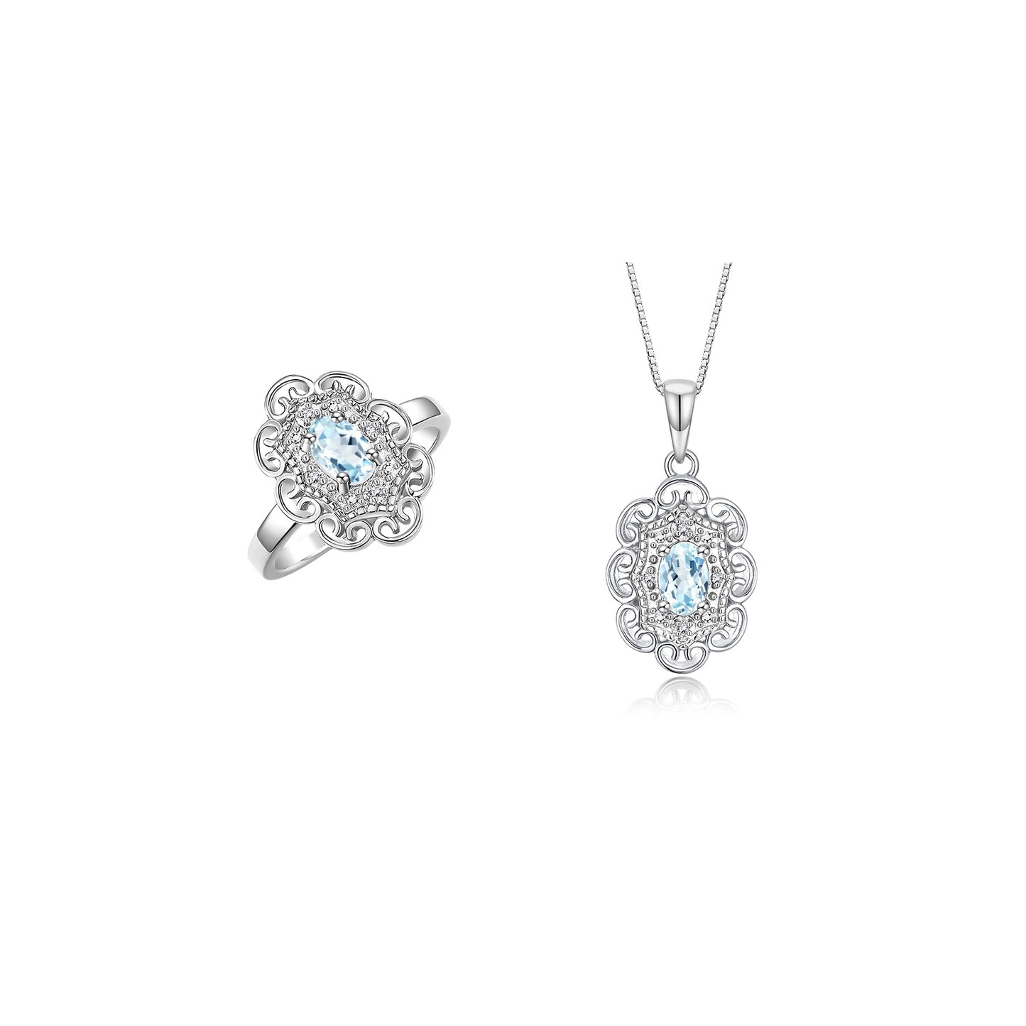 RYLOS Matching Set 14K White Gold Floral Pattern Halo Pendant Necklace & Ring. Gemstone & Diamonds, 18" Chain. 6X4MM Birthstone; Sizes 5-10.
