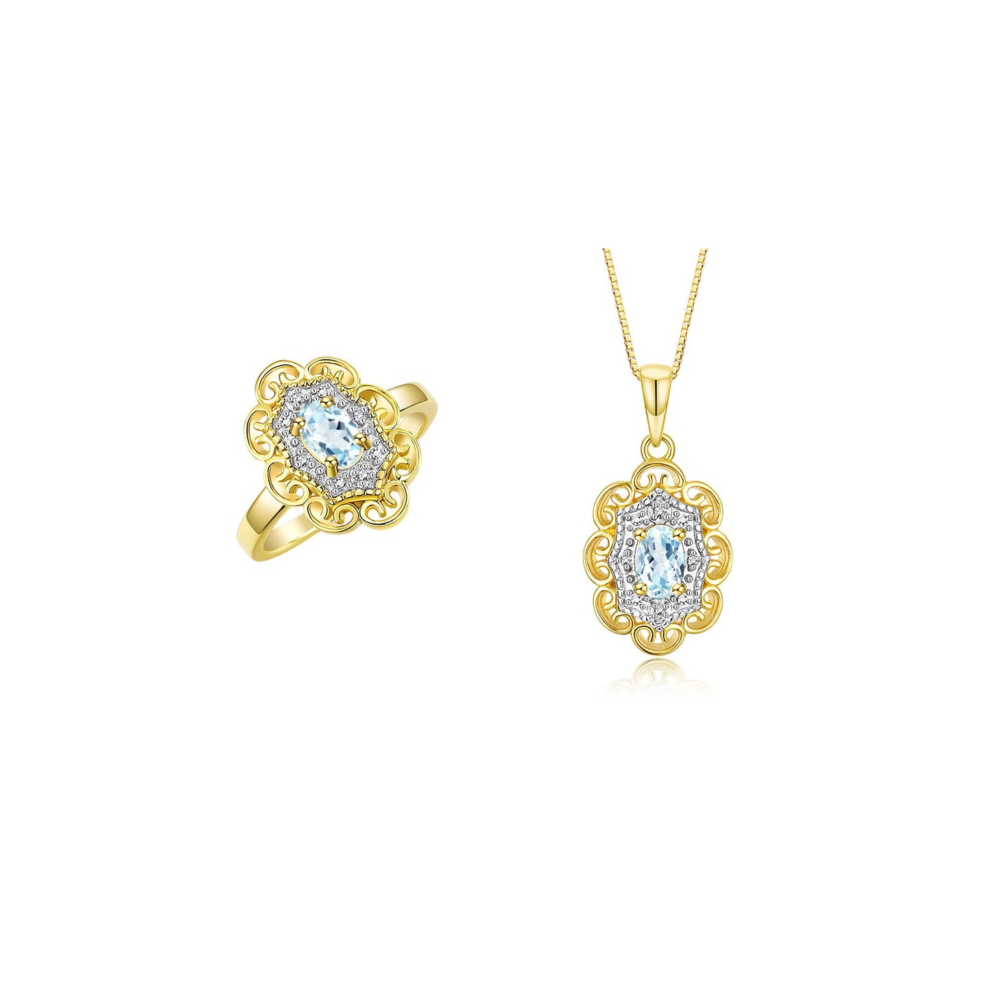 RYLOS Matching Set 14K Yellow Gold Floral Pattern Halo Pendant Necklace & Ring. Gemstone & Diamonds, 18" Chain. 6X4MM Birthstone; Sizes 5-10