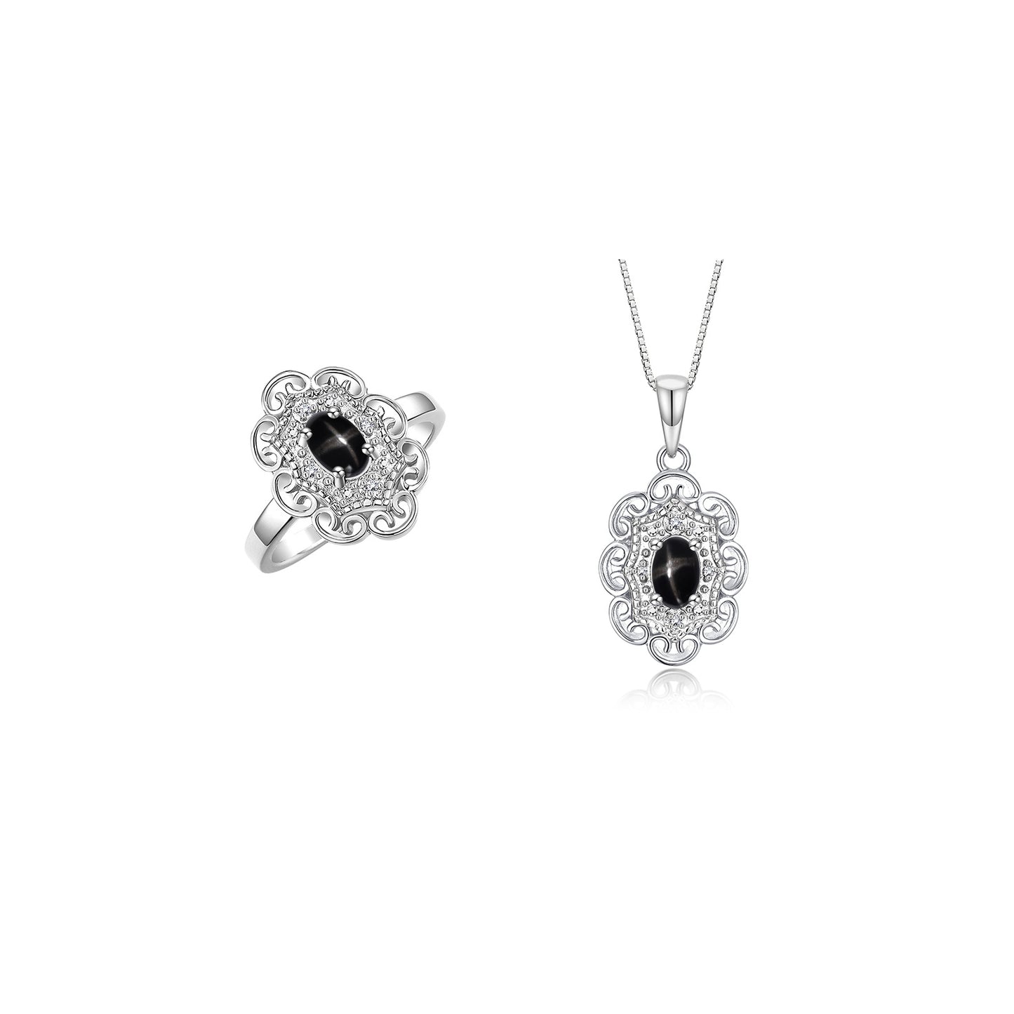 RYLOS Matching Set 14K White Gold Floral Pattern Halo Pendant Necklace & Ring. Gemstone & Diamonds, 18" Chain. 6X4MM Birthstone; Sizes 5-10.
