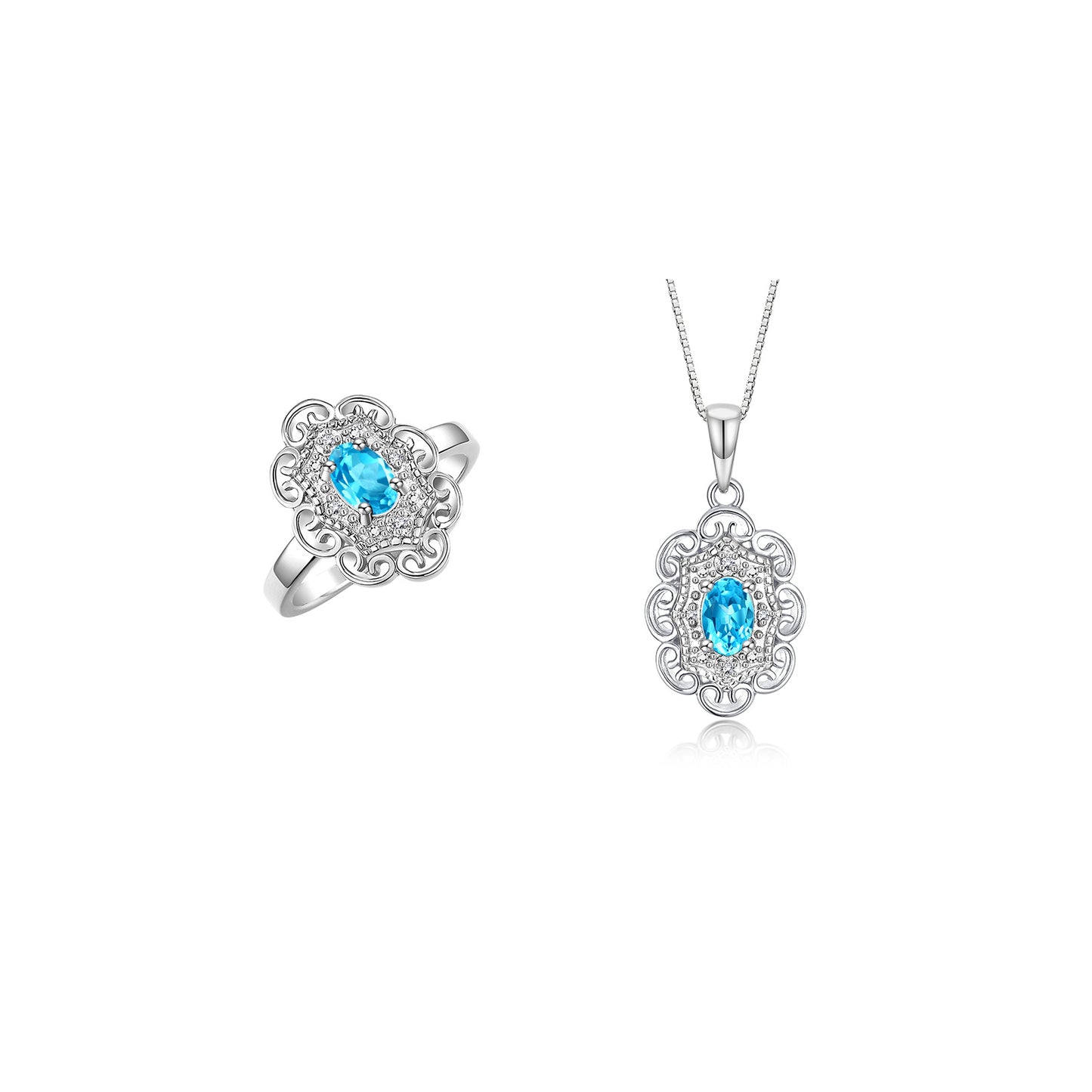 RYLOS Matching Set 14K White Gold Floral Pattern Halo Pendant Necklace & Ring. Gemstone & Diamonds, 18" Chain. 6X4MM Birthstone; Sizes 5-10.