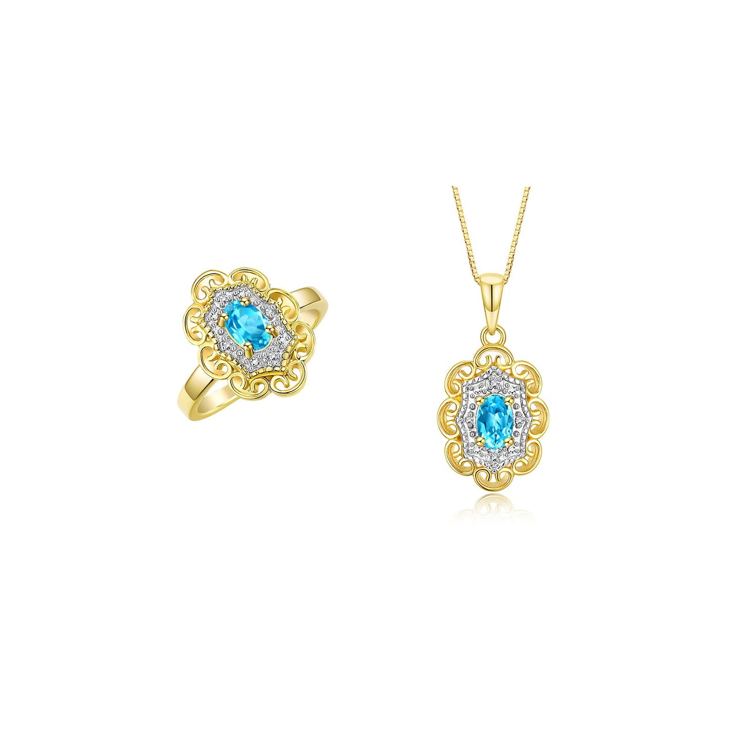 RYLOS Matching Set 14K Yellow Gold Floral Pattern Halo Pendant Necklace & Ring. Gemstone & Diamonds, 18" Chain. 6X4MM Birthstone; Sizes 5-10