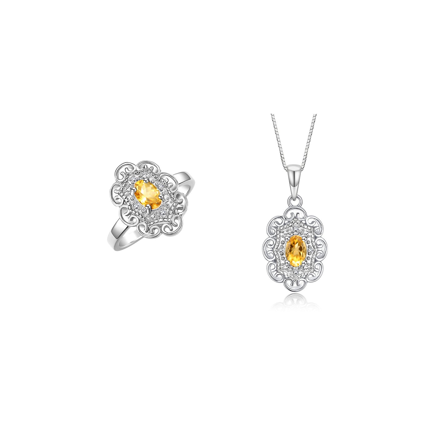 RYLOS Matching Set 14K White Gold Floral Pattern Halo Pendant Necklace & Ring. Gemstone & Diamonds, 18" Chain. 6X4MM Birthstone; Sizes 5-10.