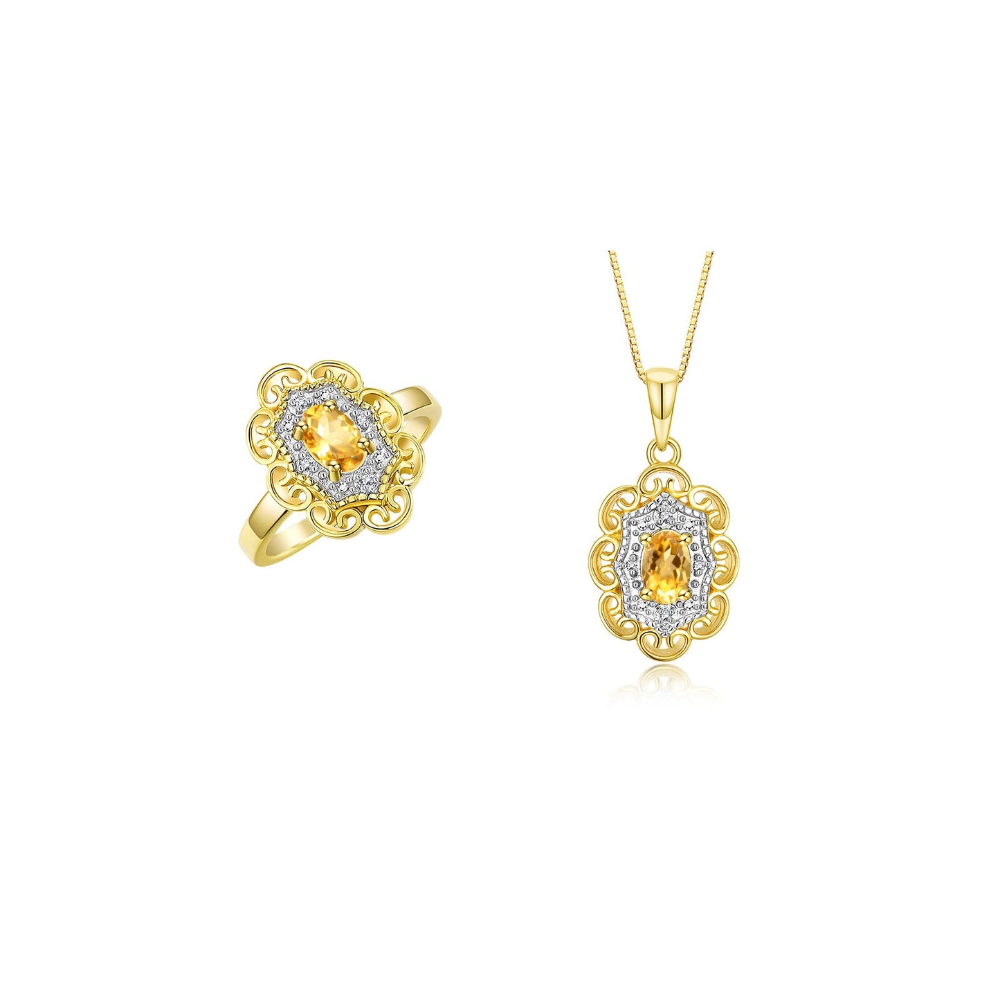 RYLOS Matching Set 14K Yellow Gold Floral Pattern Halo Pendant Necklace & Ring. Gemstone & Diamonds, 18" Chain. 6X4MM Birthstone; Sizes 5-10