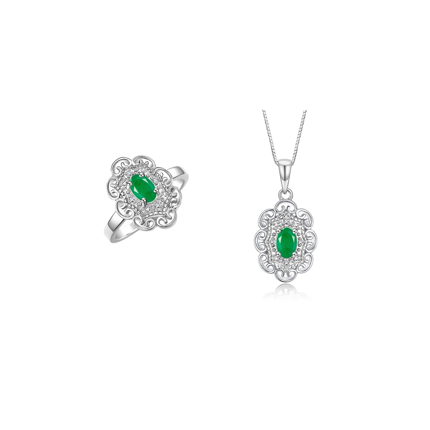 RYLOS Matching Set 14K White Gold Floral Pattern Halo Pendant Necklace & Ring. Gemstone & Diamonds, 18" Chain. 6X4MM Birthstone; Sizes 5-10.