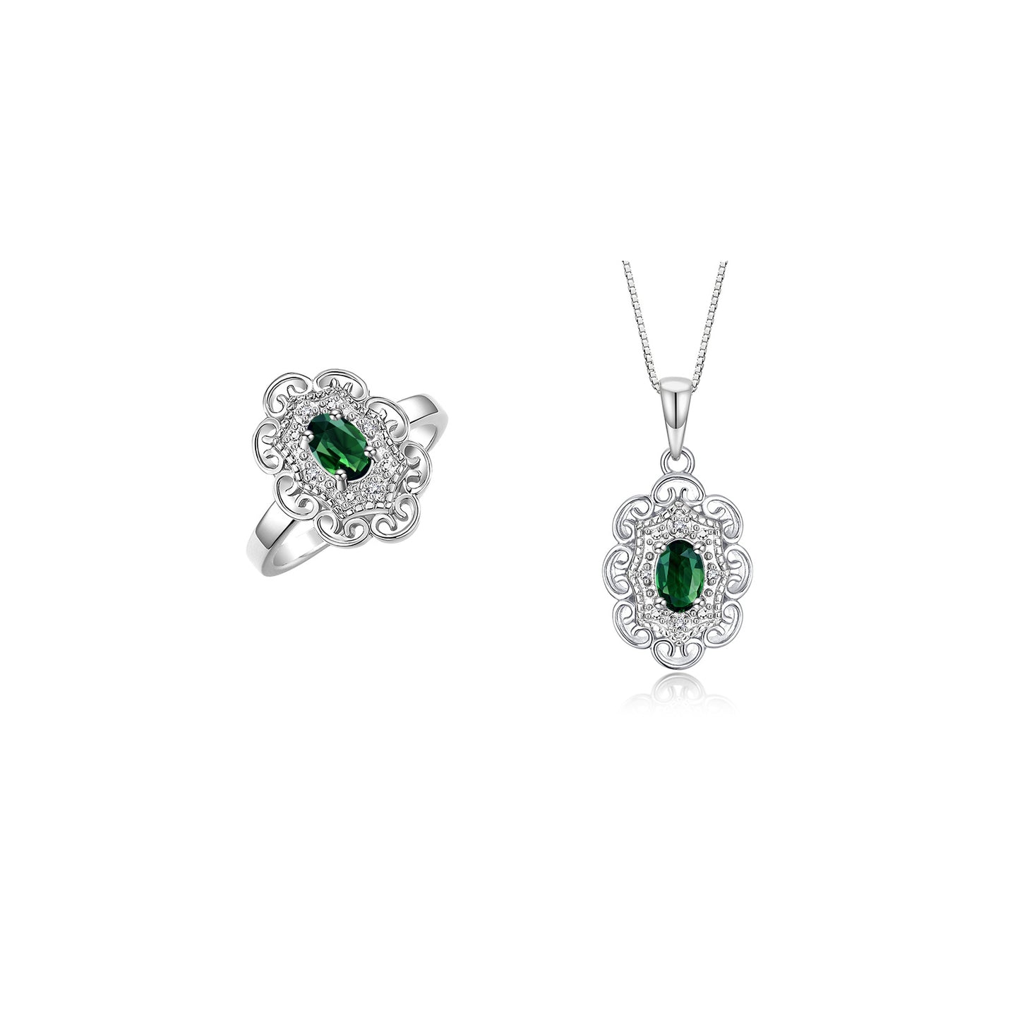 RYLOS Matching Set 14K White Gold Floral Pattern Halo Pendant Necklace & Ring. Gemstone & Diamonds, 18" Chain. 6X4MM Birthstone; Sizes 5-10.