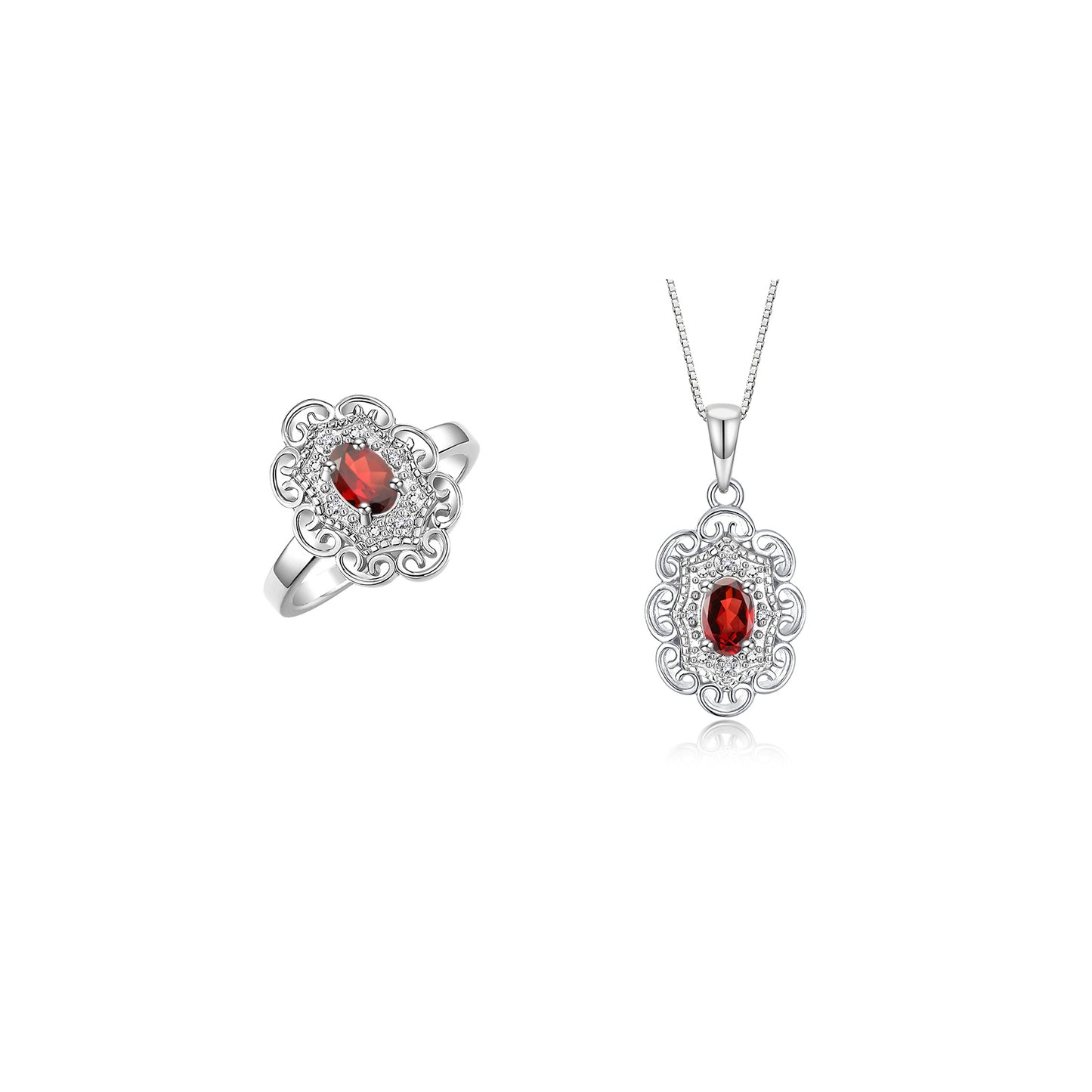RYLOS Matching Set 14K White Gold Floral Pattern Halo Pendant Necklace & Ring. Gemstone & Diamonds, 18" Chain. 6X4MM Birthstone; Sizes 5-10.