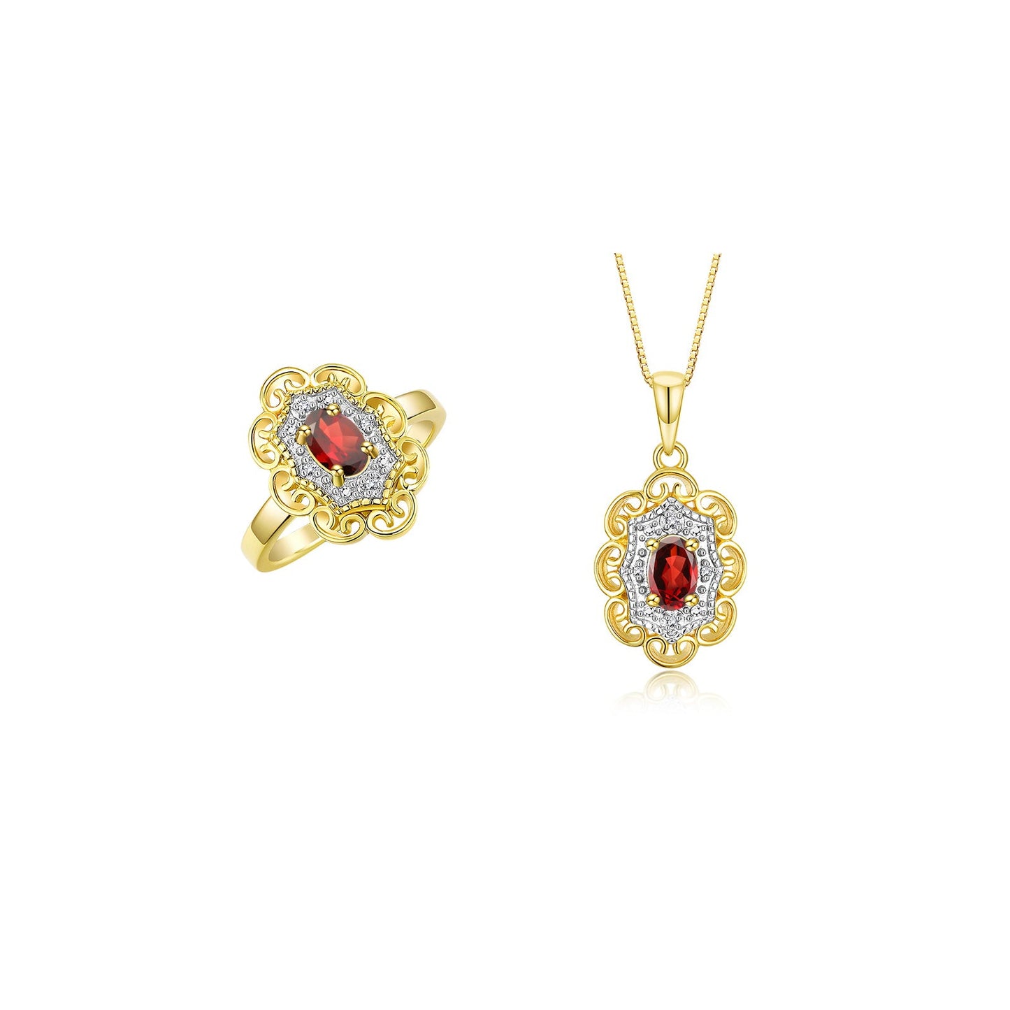 RYLOS Matching Set 14K Yellow Gold Floral Pattern Halo Pendant Necklace & Ring. Gemstone & Diamonds, 18" Chain. 6X4MM Birthstone; Sizes 5-10