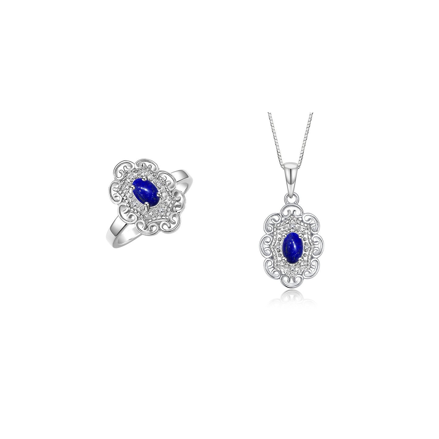 RYLOS Matching Set 14K White Gold Floral Pattern Halo Pendant Necklace & Ring. Gemstone & Diamonds, 18" Chain. 6X4MM Birthstone; Sizes 5-10.