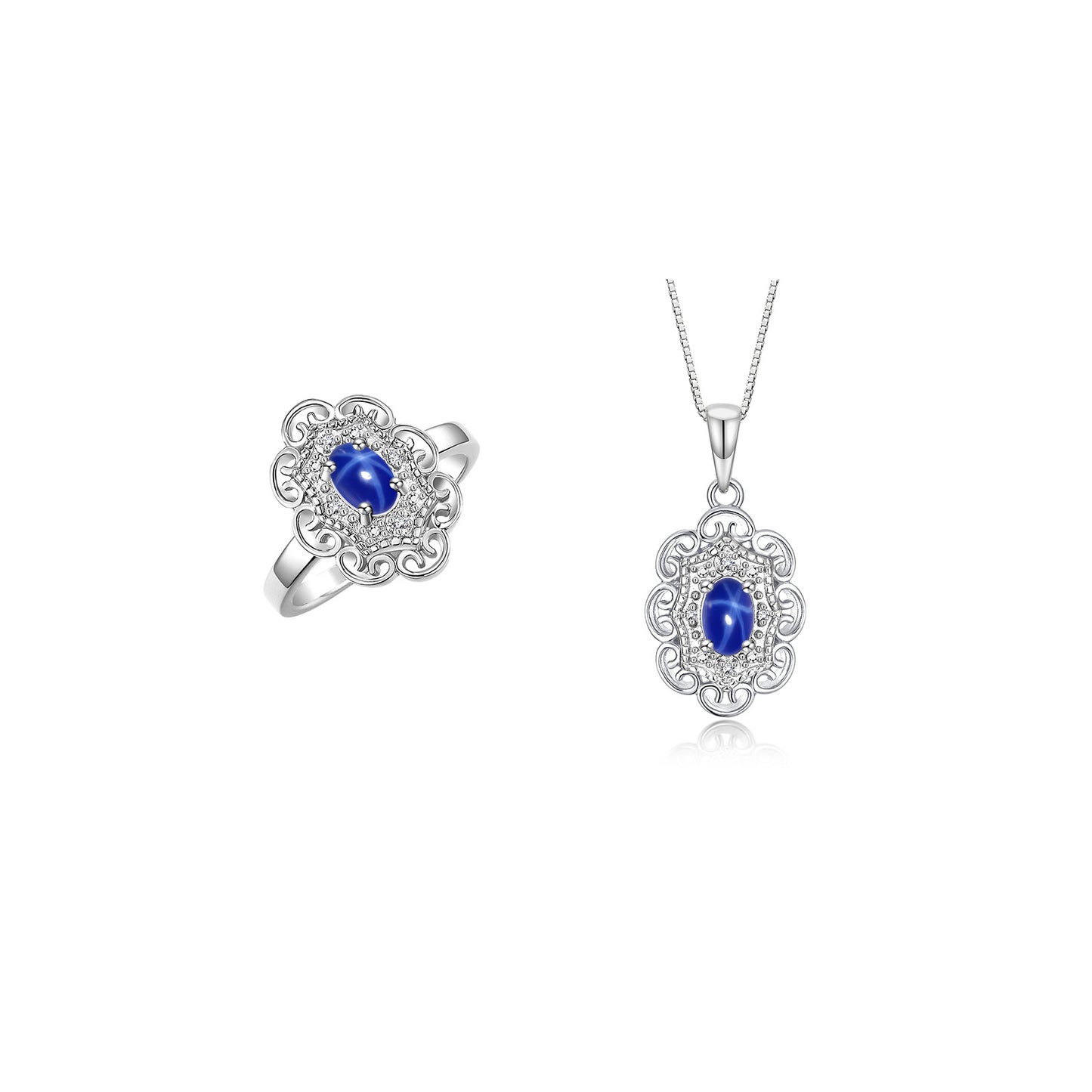RYLOS Matching Set 14K White Gold Floral Pattern Halo Pendant Necklace & Ring. Gemstone & Diamonds, 18" Chain. 6X4MM Birthstone; Sizes 5-10.