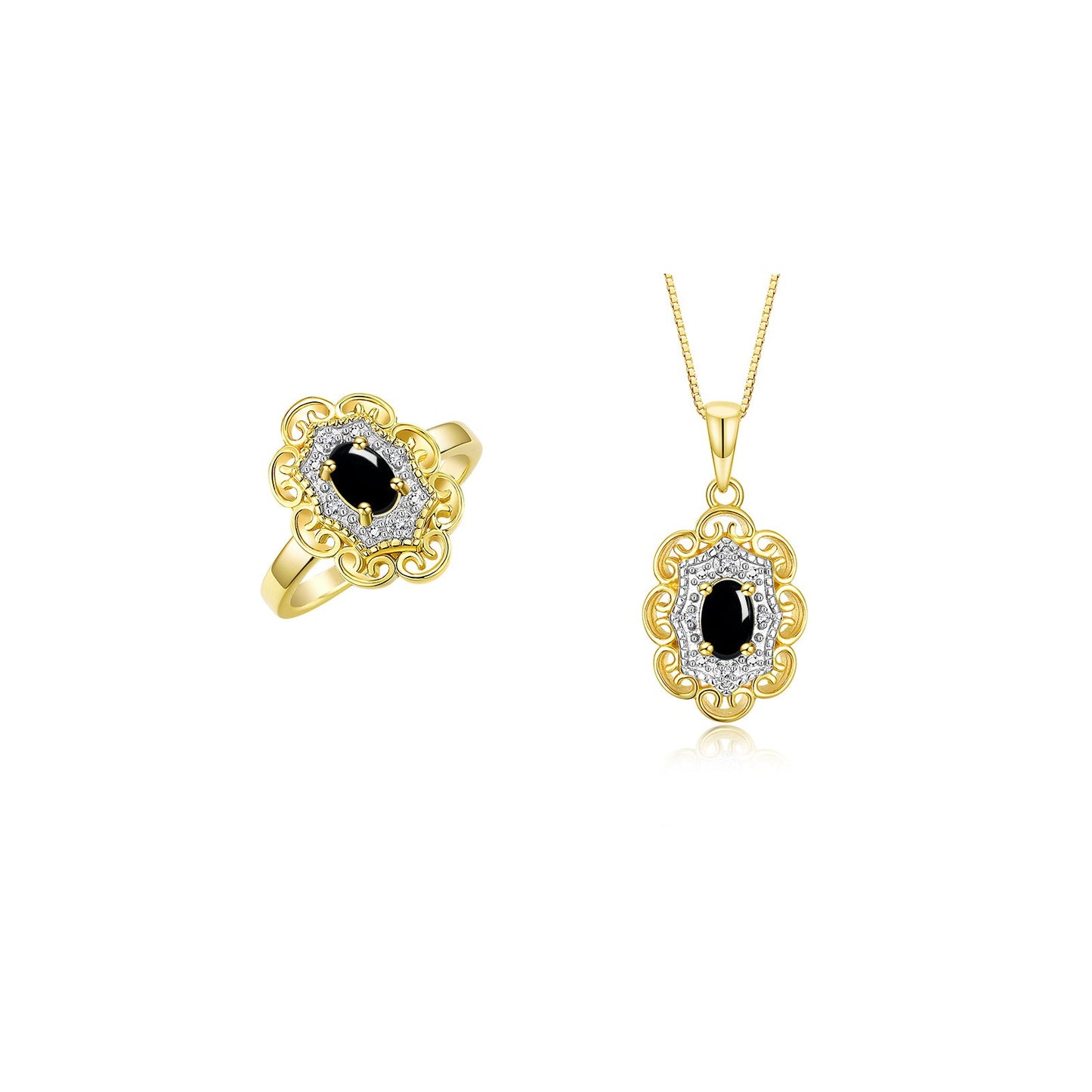RYLOS Matching Set 14K Yellow Gold Floral Pattern Halo Pendant Necklace & Ring. Gemstone & Diamonds, 18" Chain. 6X4MM Birthstone; Sizes 5-10