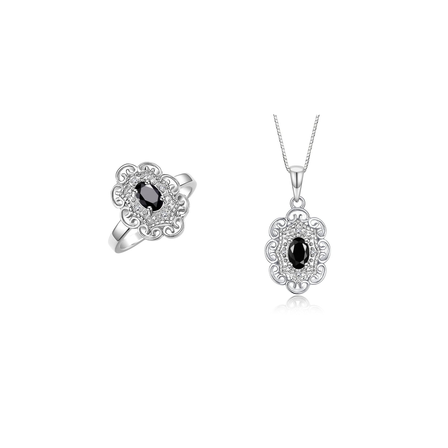 RYLOS Matching Set 14K White Gold Floral Pattern Halo Pendant Necklace & Ring. Gemstone & Diamonds, 18" Chain. 6X4MM Birthstone; Sizes 5-10.