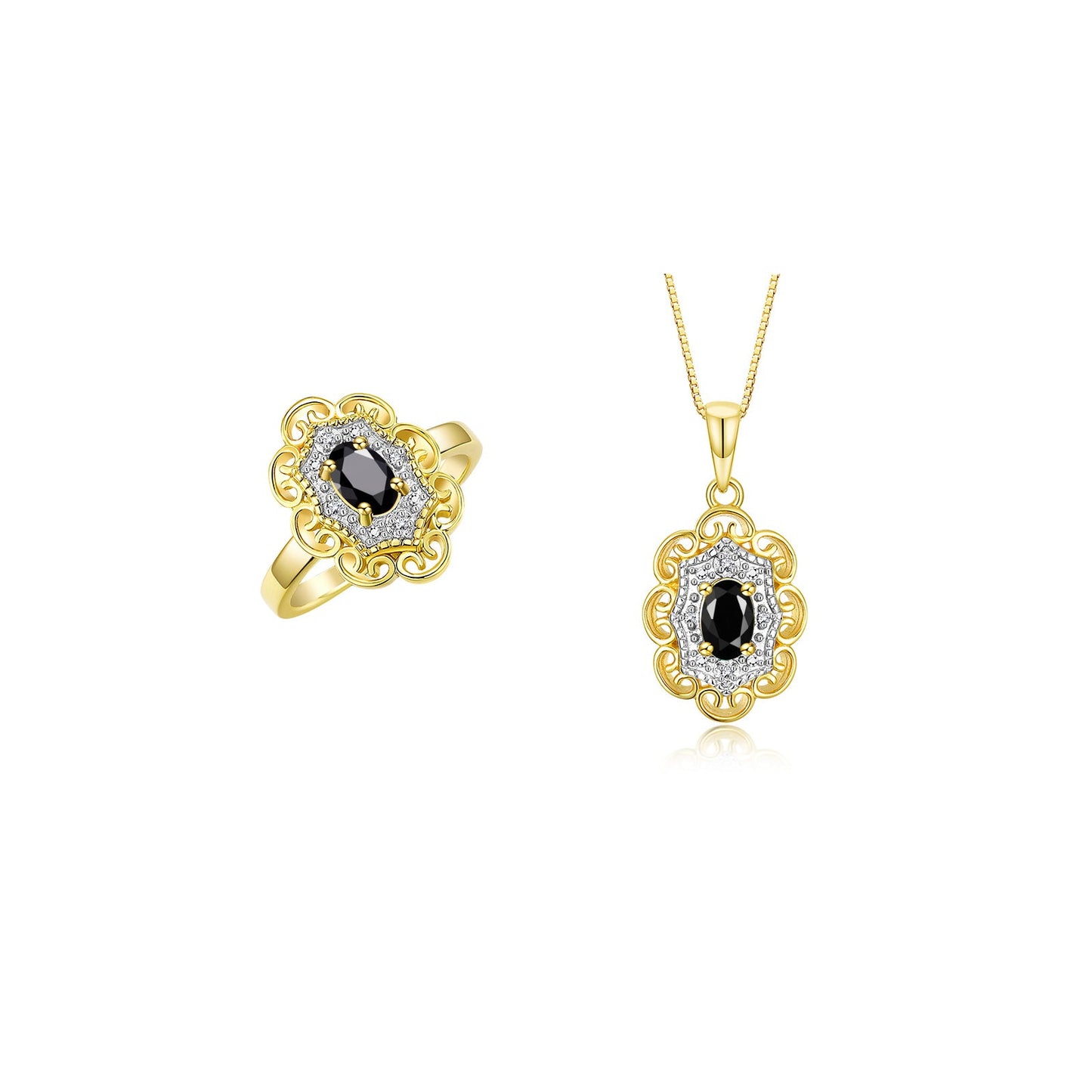 RYLOS Matching Set 14K Yellow Gold Floral Pattern Halo Pendant Necklace & Ring. Gemstone & Diamonds, 18" Chain. 6X4MM Birthstone; Sizes 5-10
