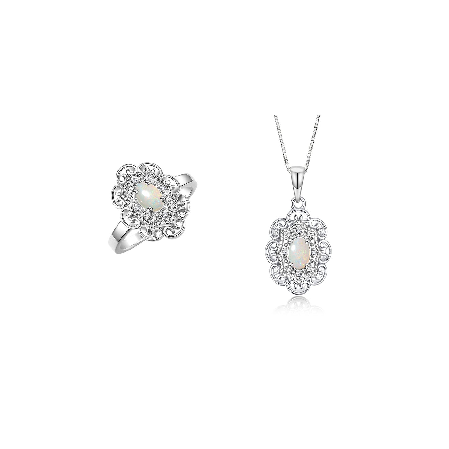 RYLOS Matching Set 14K White Gold Floral Pattern Halo Pendant Necklace & Ring. Gemstone & Diamonds, 18" Chain. 6X4MM Birthstone; Sizes 5-10.