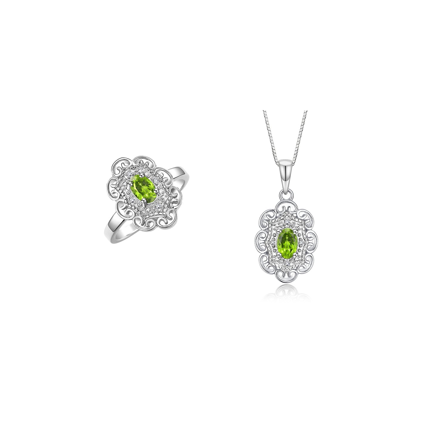 RYLOS Matching Set 14K White Gold Floral Pattern Halo Pendant Necklace & Ring. Gemstone & Diamonds, 18" Chain. 6X4MM Birthstone; Sizes 5-10.