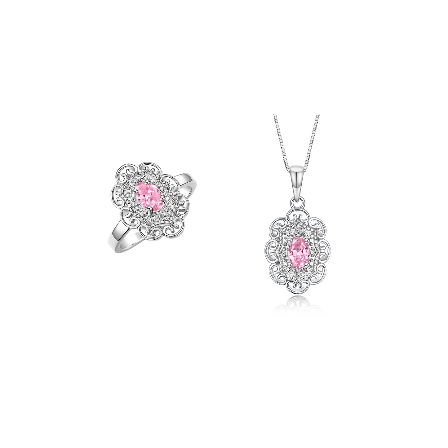 RYLOS Matching Set 14K White Gold Floral Pattern Halo Pendant Necklace & Ring. Gemstone & Diamonds, 18" Chain. 6X4MM Birthstone; Sizes 5-10.