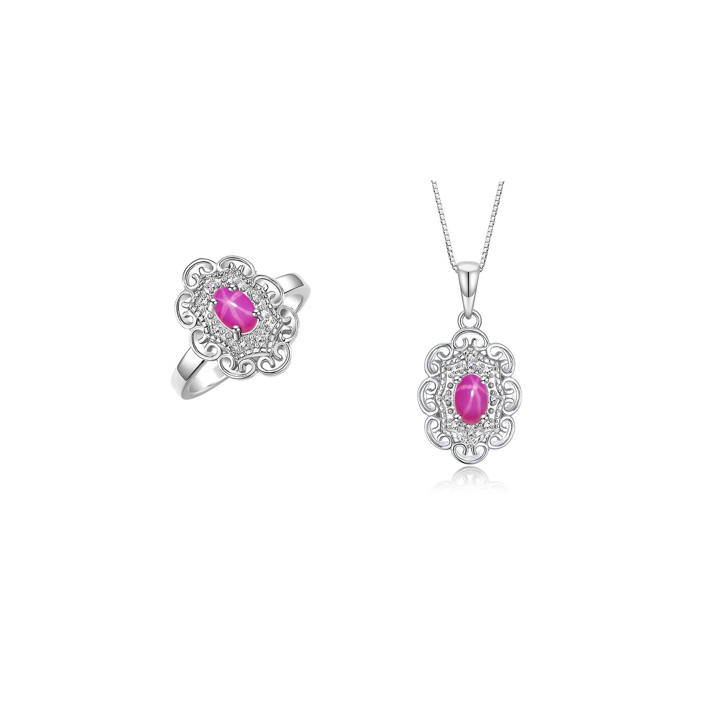 RYLOS Matching Set 14K White Gold Floral Pattern Halo Pendant Necklace & Ring. Gemstone & Diamonds, 18" Chain. 6X4MM Birthstone; Sizes 5-10.