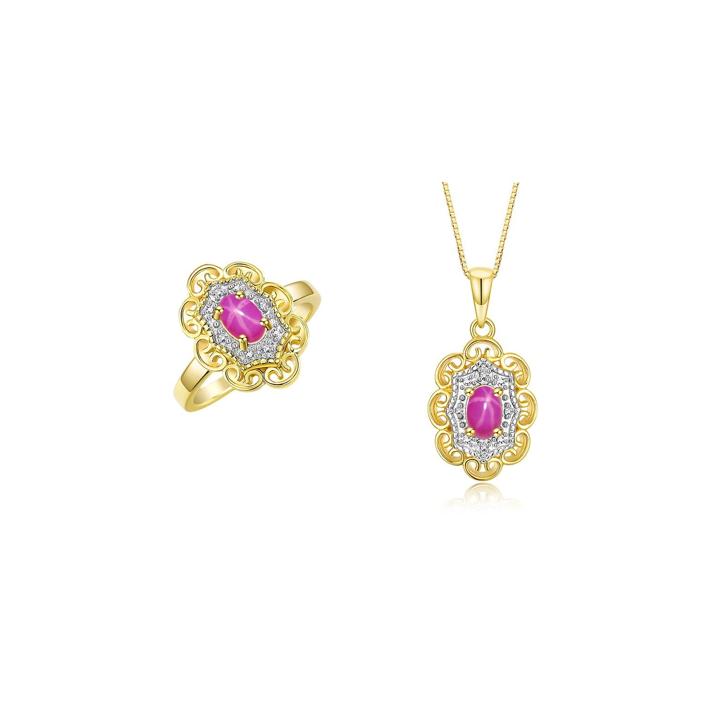 RYLOS Matching Set 14K Yellow Gold Floral Pattern Halo Pendant Necklace & Ring. Gemstone & Diamonds, 18" Chain. 6X4MM Birthstone; Sizes 5-10