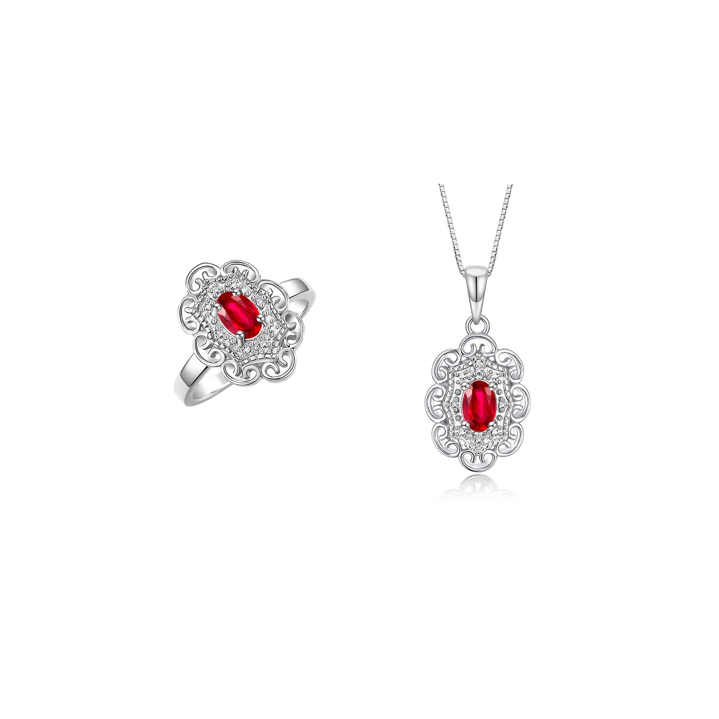 RYLOS Matching Set 14K White Gold Floral Pattern Halo Pendant Necklace & Ring. Gemstone & Diamonds, 18" Chain. 6X4MM Birthstone; Sizes 5-10.