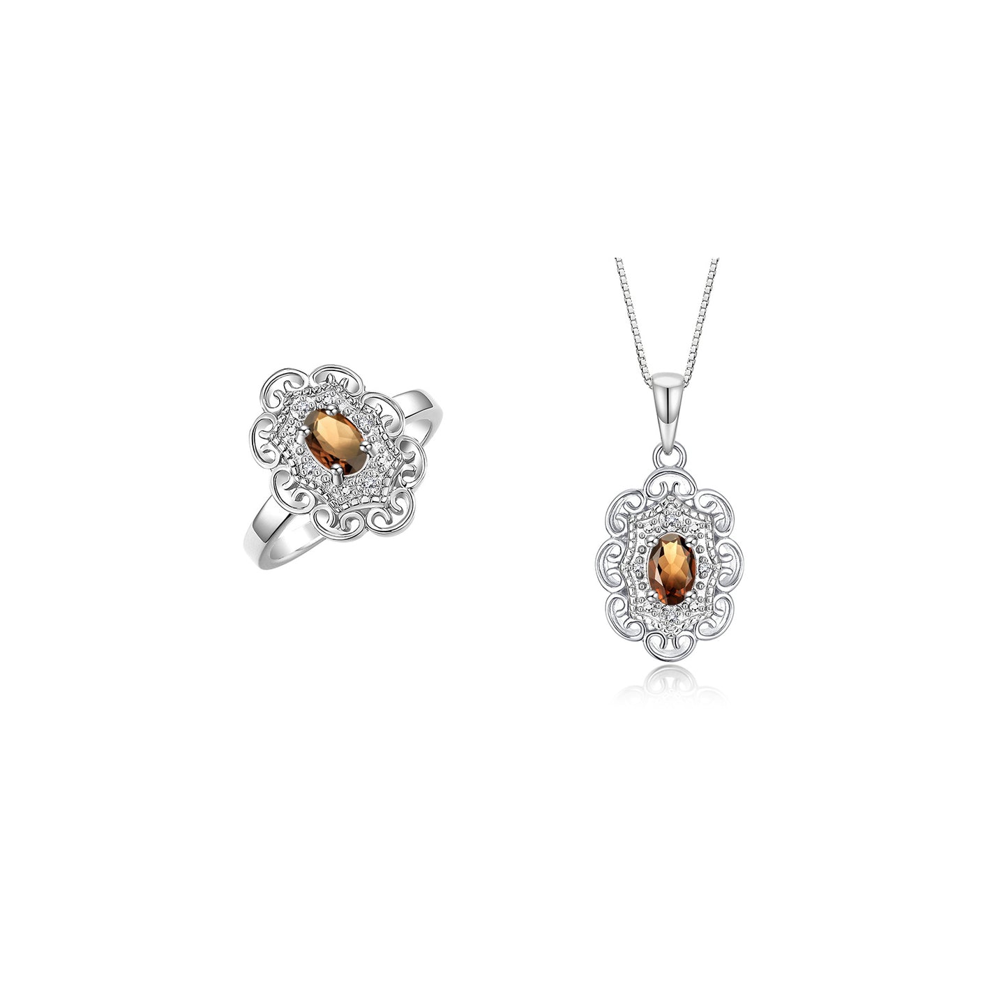 RYLOS Matching Set 14K White Gold Floral Pattern Halo Pendant Necklace & Ring. Gemstone & Diamonds, 18" Chain. 6X4MM Birthstone; Sizes 5-10.