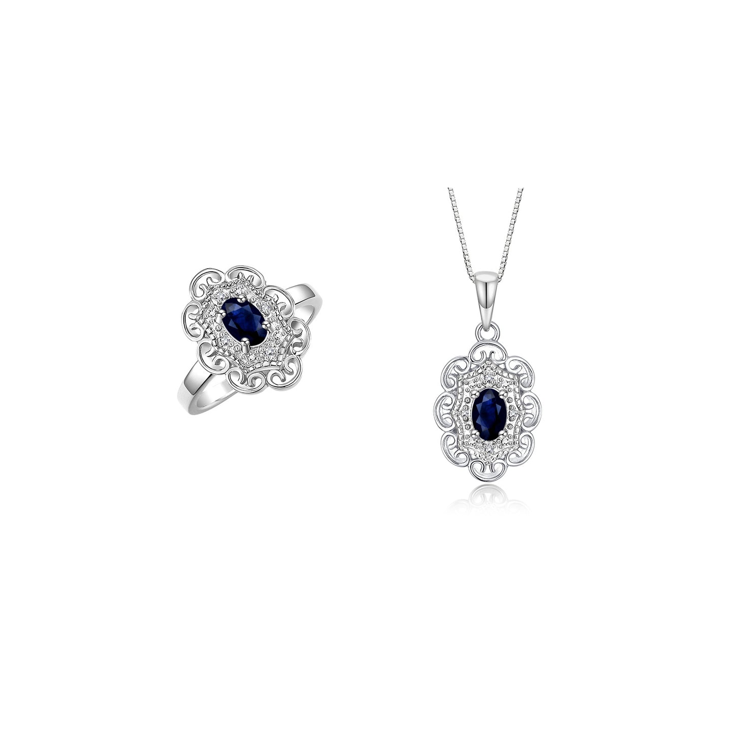 RYLOS Matching Set 14K White Gold Floral Pattern Halo Pendant Necklace & Ring. Gemstone & Diamonds, 18" Chain. 6X4MM Birthstone; Sizes 5-10.