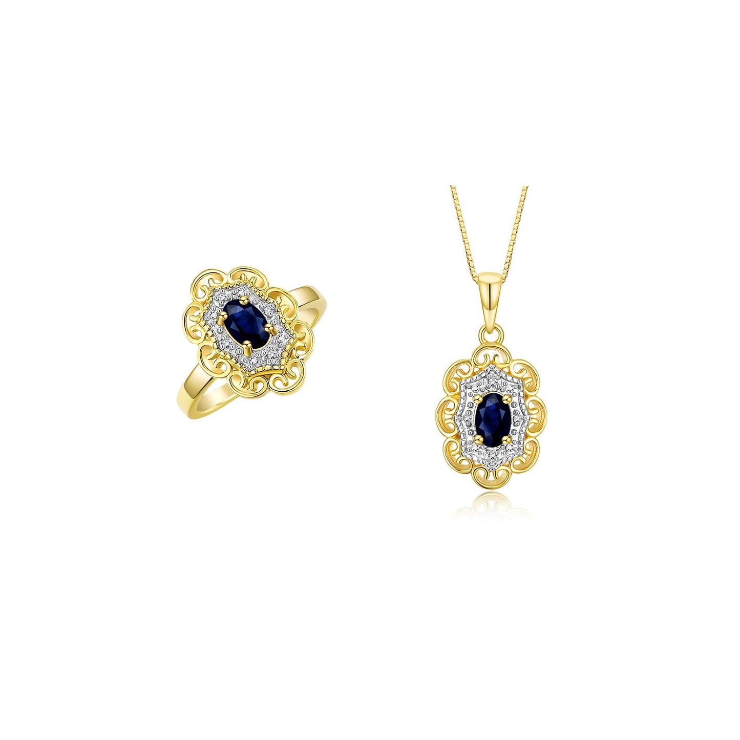 RYLOS Matching Set 14K Yellow Gold Floral Pattern Halo Pendant Necklace & Ring. Gemstone & Diamonds, 18" Chain. 6X4MM Birthstone; Sizes 5-10