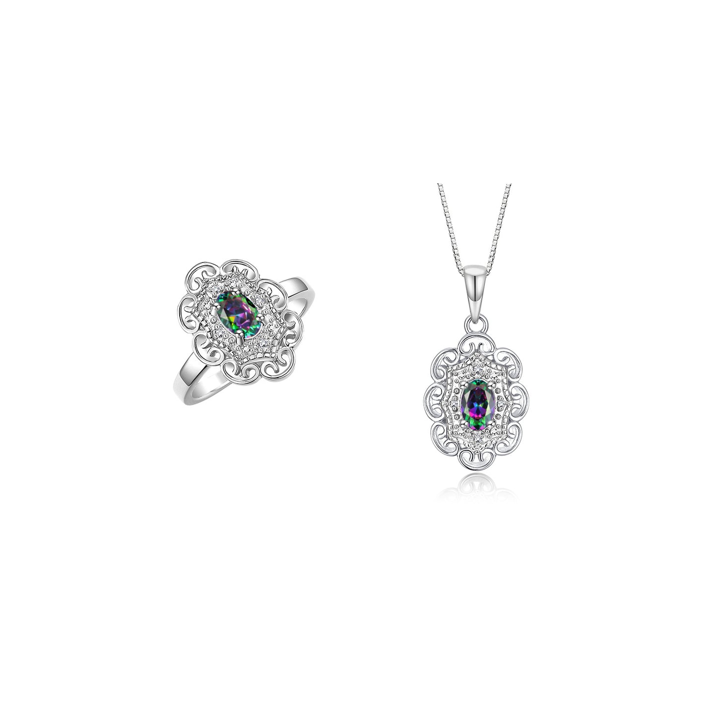 RYLOS Matching Set 14K White Gold Floral Pattern Halo Pendant Necklace & Ring. Gemstone & Diamonds, 18" Chain. 6X4MM Birthstone; Sizes 5-10.