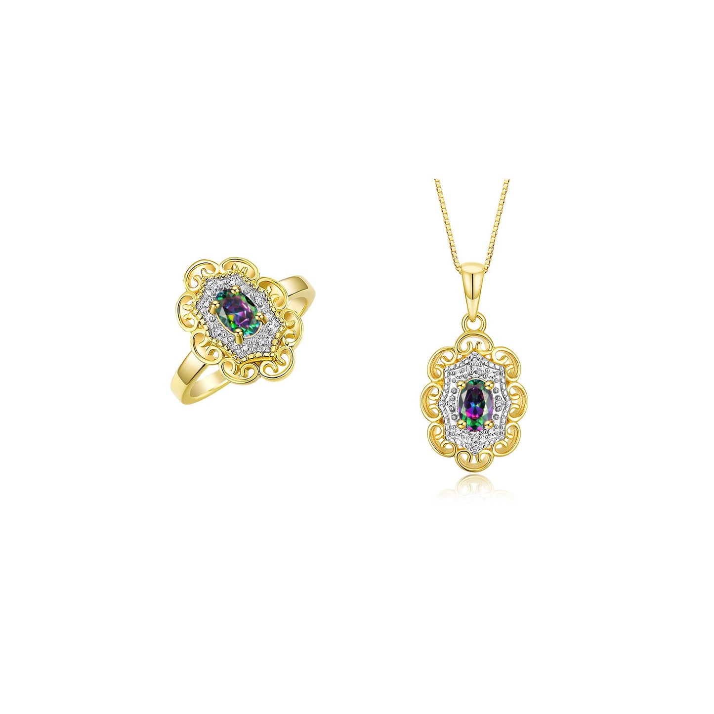 RYLOS Matching Set 14K Yellow Gold Floral Pattern Halo Pendant Necklace & Ring. Gemstone & Diamonds, 18" Chain. 6X4MM Birthstone; Sizes 5-10