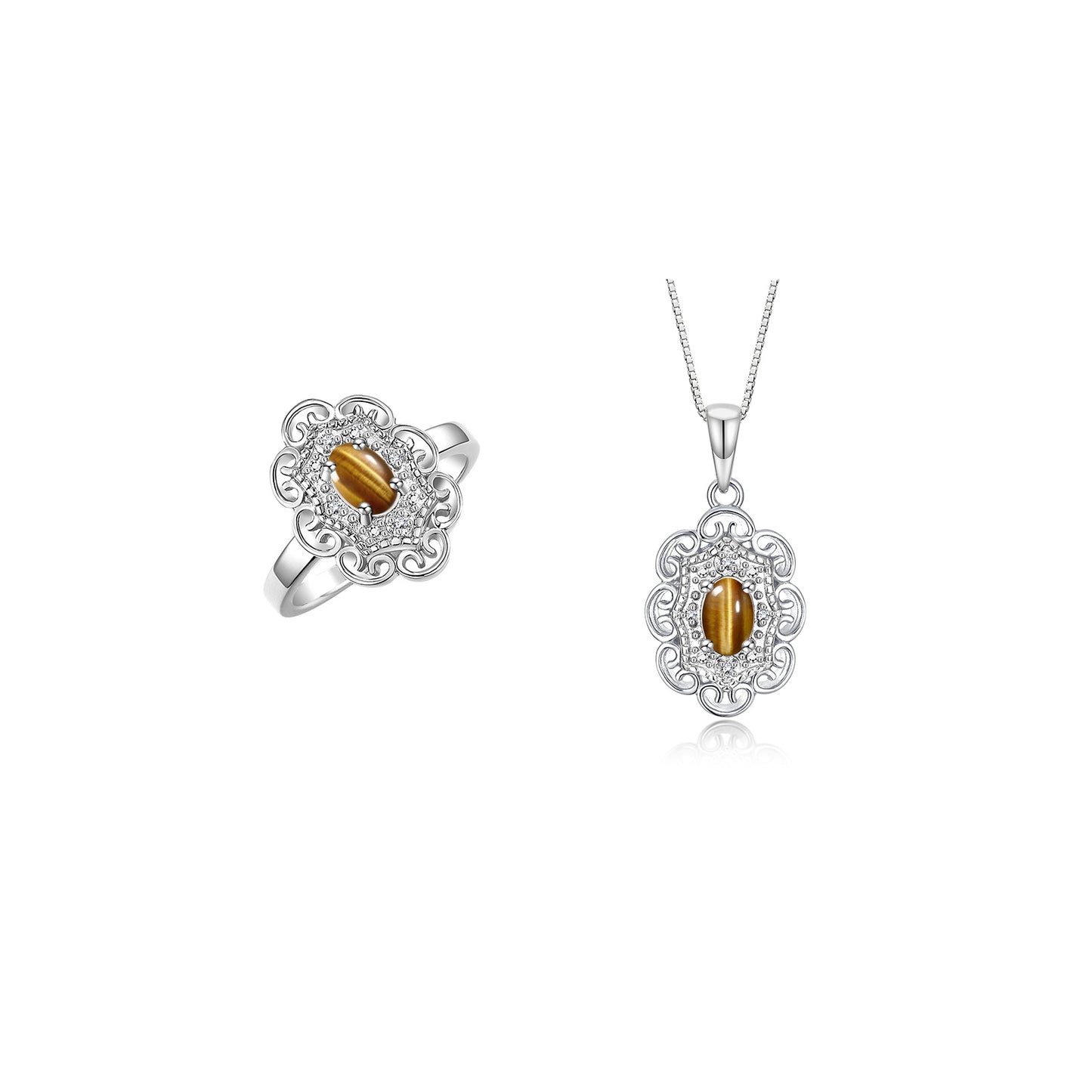 RYLOS Matching Set 14K White Gold Floral Pattern Halo Pendant Necklace & Ring. Gemstone & Diamonds, 18" Chain. 6X4MM Birthstone; Sizes 5-10.