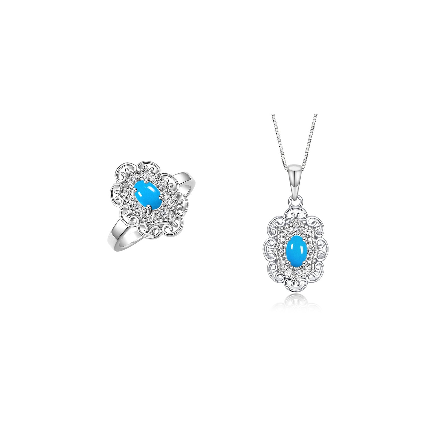 RYLOS Matching Set 14K White Gold Floral Pattern Halo Pendant Necklace & Ring. Gemstone & Diamonds, 18" Chain. 6X4MM Birthstone; Sizes 5-10.