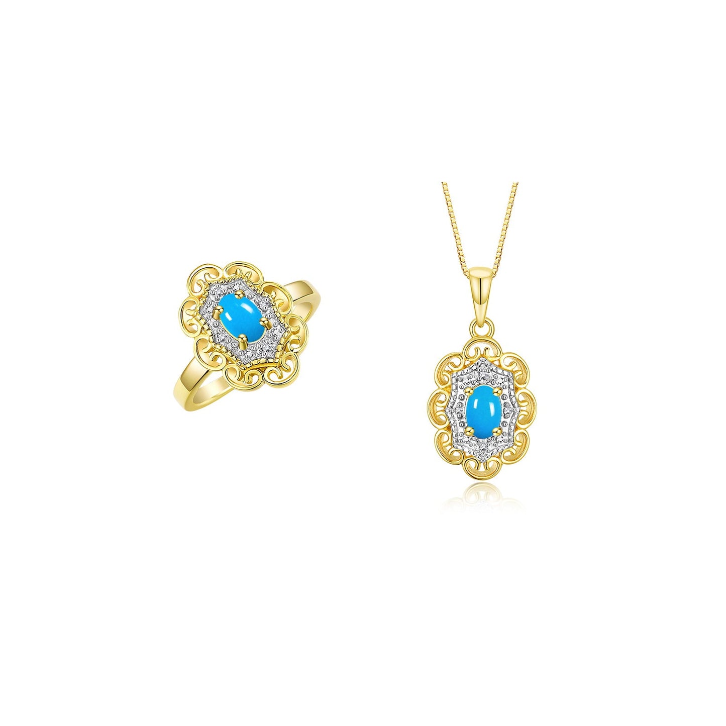 RYLOS Matching Set 14K Yellow Gold Floral Pattern Halo Pendant Necklace & Ring. Gemstone & Diamonds, 18" Chain. 6X4MM Birthstone; Sizes 5-10