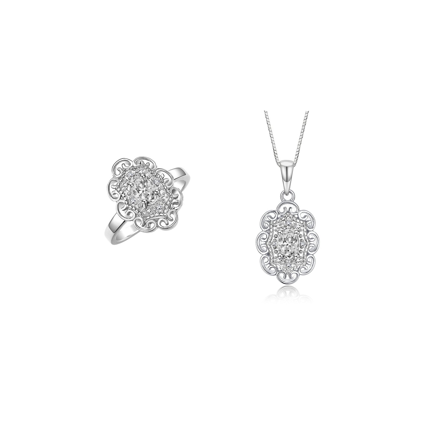 RYLOS Matching Set 14K White Gold Floral Pattern Halo Pendant Necklace & Ring. Gemstone & Diamonds, 18" Chain. 6X4MM Birthstone; Sizes 5-10.