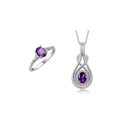 RYLOS Matching Love Knot Jewelry Set 14K White Gold Ring & Pendant Necklace. Gemstone & Diamonds, 8X6MM & 7X5MM Birthstone; Sizes 5-10