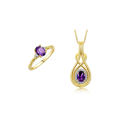 RYLOS Matching Love Knot Jewelry Set 14K Yellow Gold Ring & Pendant Necklace. Gemstone & Diamonds, 8X6MM & 7X5MM Birthstone; Sizes 5-10