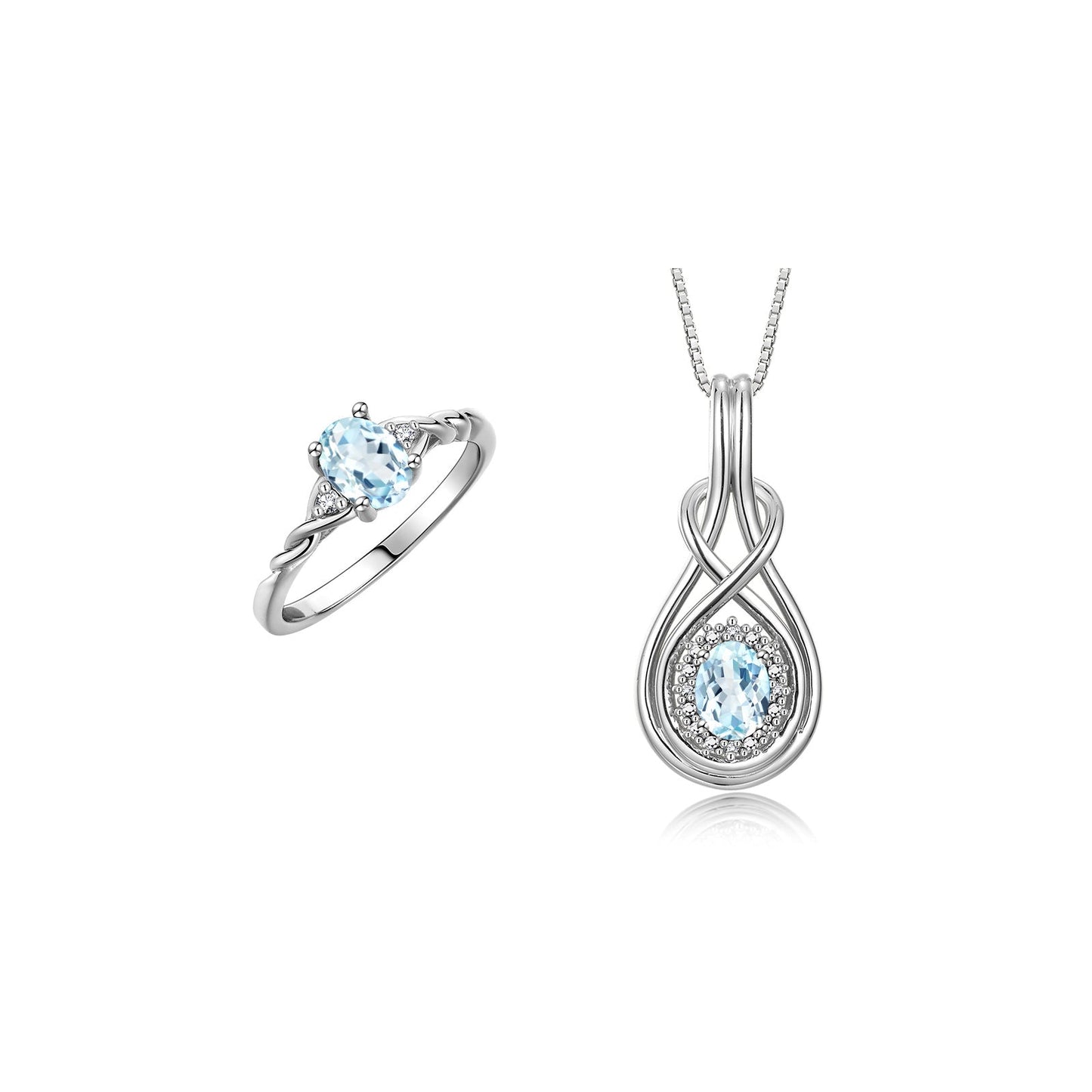 RYLOS Matching Love Knot Jewelry Set 14K White Gold Ring & Pendant Necklace. Gemstone & Diamonds, 8X6MM & 7X5MM Birthstone; Sizes 5-10