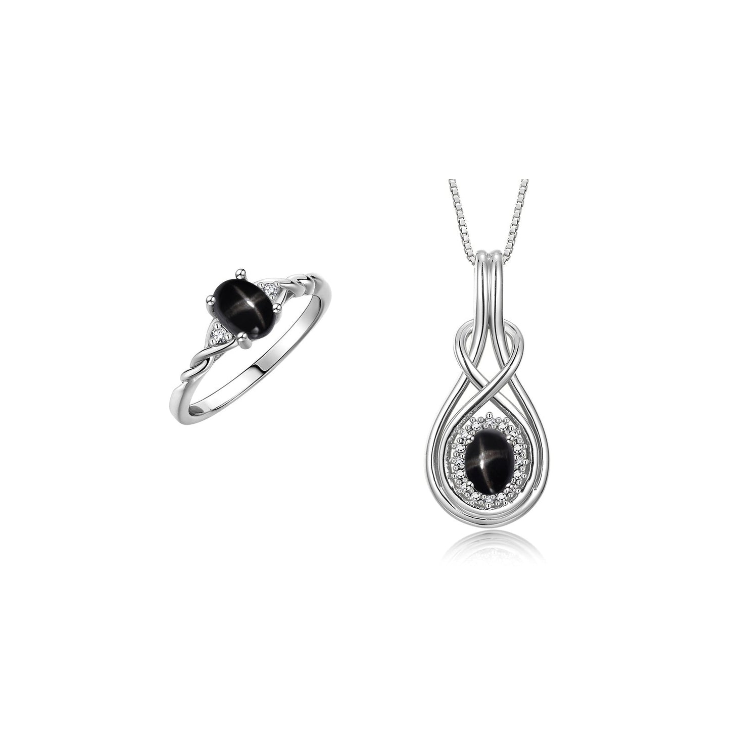RYLOS Matching Love Knot Jewelry Set 14K White Gold Ring & Pendant Necklace. Gemstone & Diamonds, 8X6MM & 7X5MM Birthstone; Sizes 5-10
