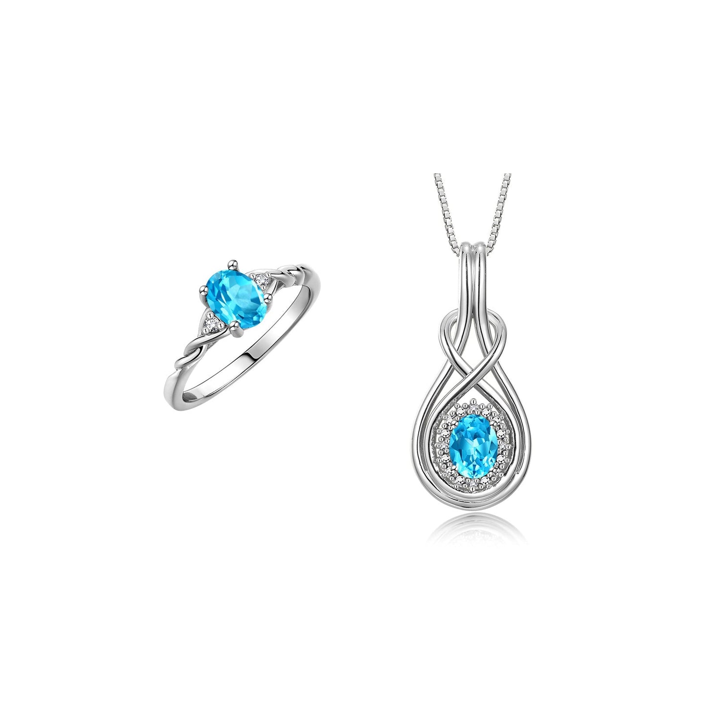 RYLOS Matching Love Knot Jewelry Set 14K White Gold Ring & Pendant Necklace. Gemstone & Diamonds, 8X6MM & 7X5MM Birthstone; Sizes 5-10