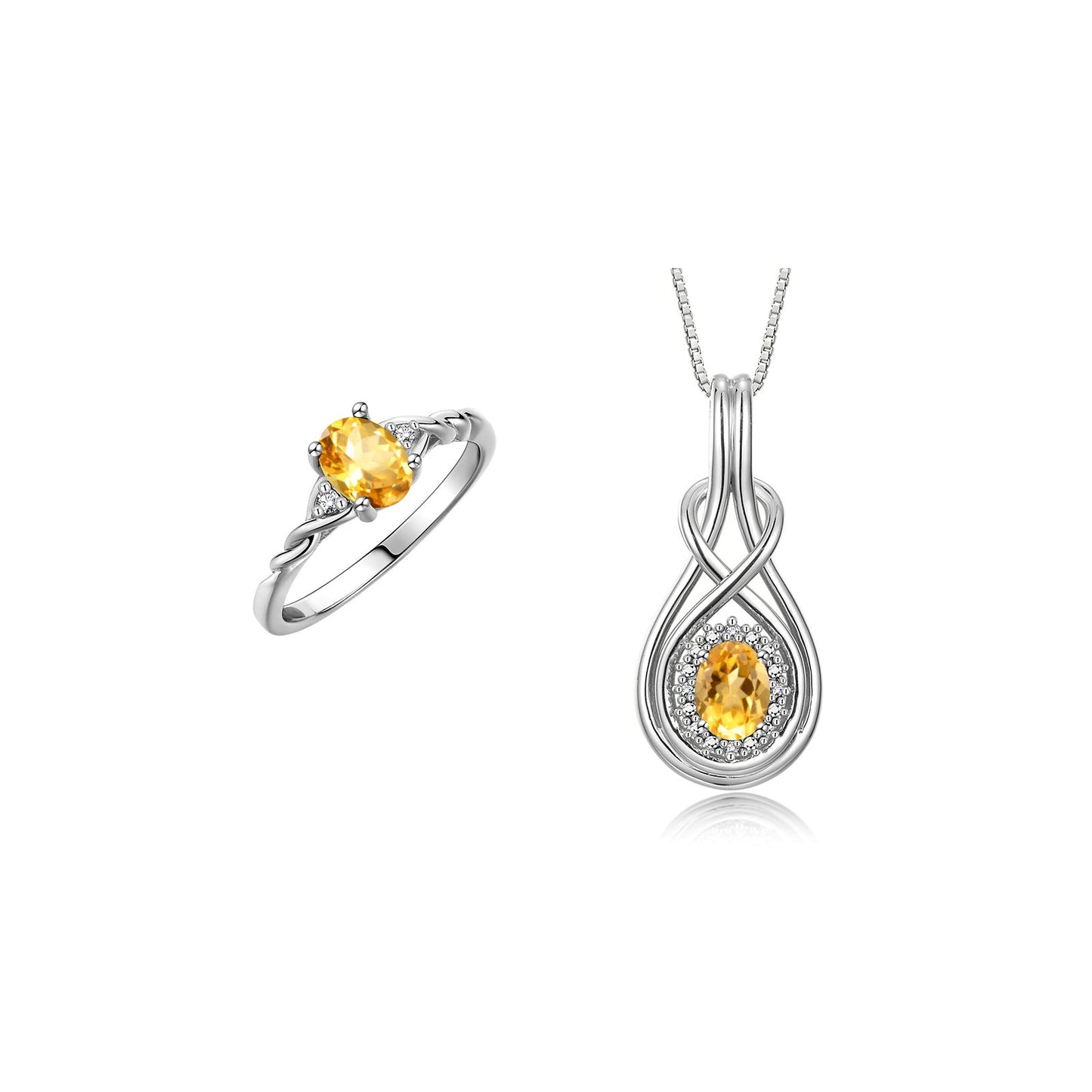 RYLOS Matching Love Knot Jewelry Set Sterling Silver Ring & Pendant Necklace. Gemstone & Diamonds, 8X6MM & 7X5MM Birthstone; Sizes 5-10