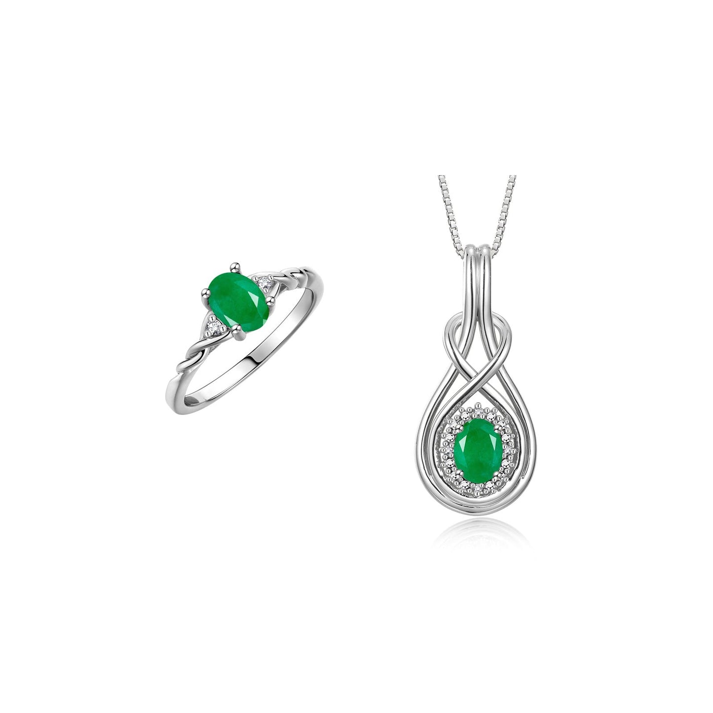 RYLOS Matching Love Knot Jewelry Set 14K White Gold Ring & Pendant Necklace. Gemstone & Diamonds, 8X6MM & 7X5MM Birthstone; Sizes 5-10