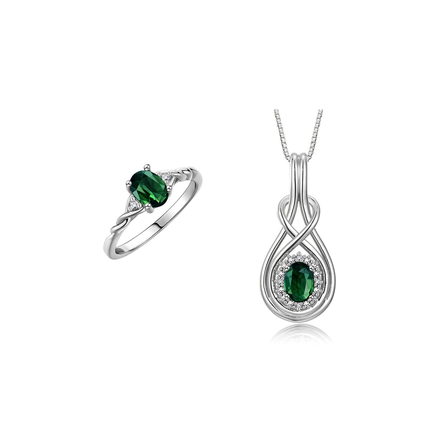 RYLOS Matching Love Knot Jewelry Set 14K White Gold Ring & Pendant Necklace. Gemstone & Diamonds, 8X6MM & 7X5MM Birthstone; Sizes 5-10