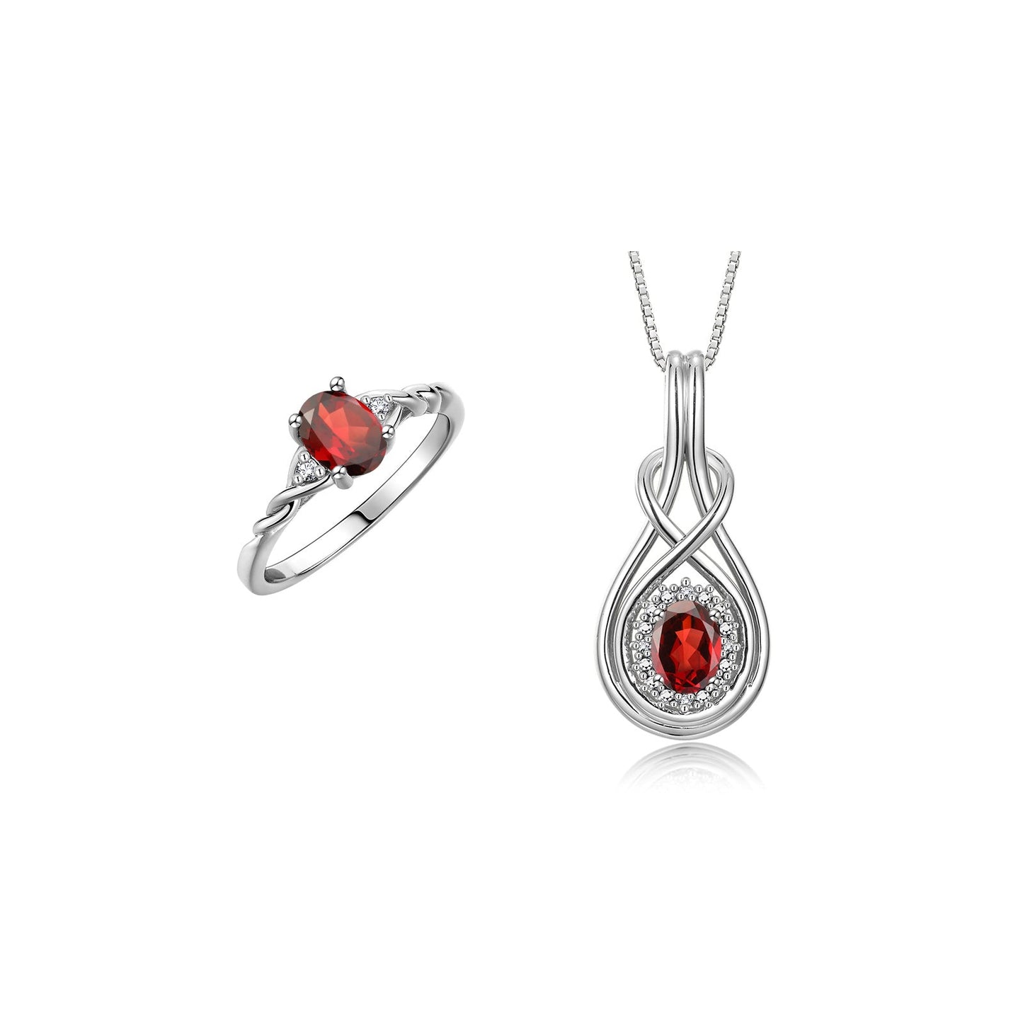 RYLOS Matching Love Knot Jewelry Set Sterling Silver Ring & Pendant Necklace. Gemstone & Diamonds, 8X6MM & 7X5MM Birthstone; Sizes 5-10