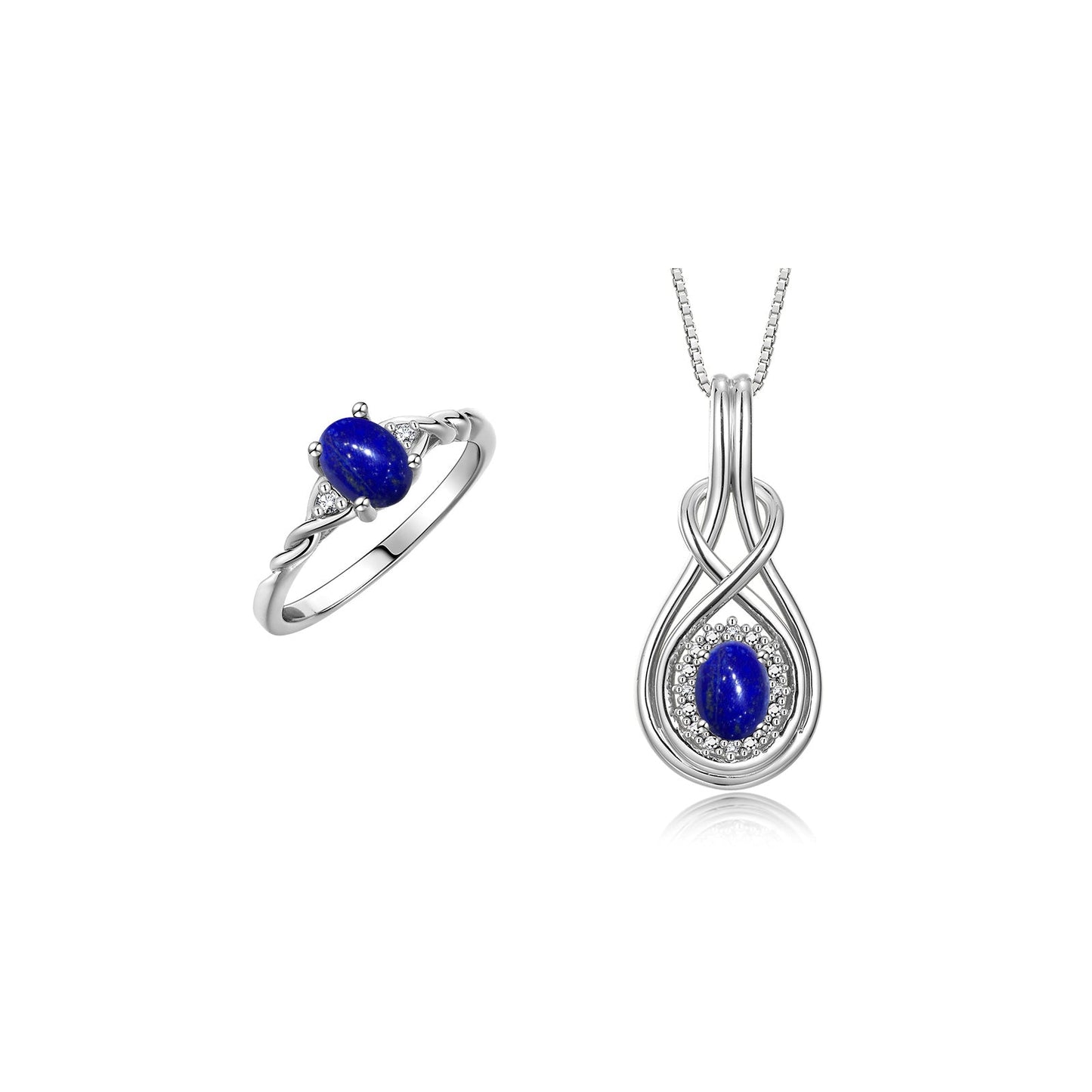 RYLOS Matching Love Knot Jewelry Set 14K White Gold Ring & Pendant Necklace. Gemstone & Diamonds, 8X6MM & 7X5MM Birthstone; Sizes 5-10