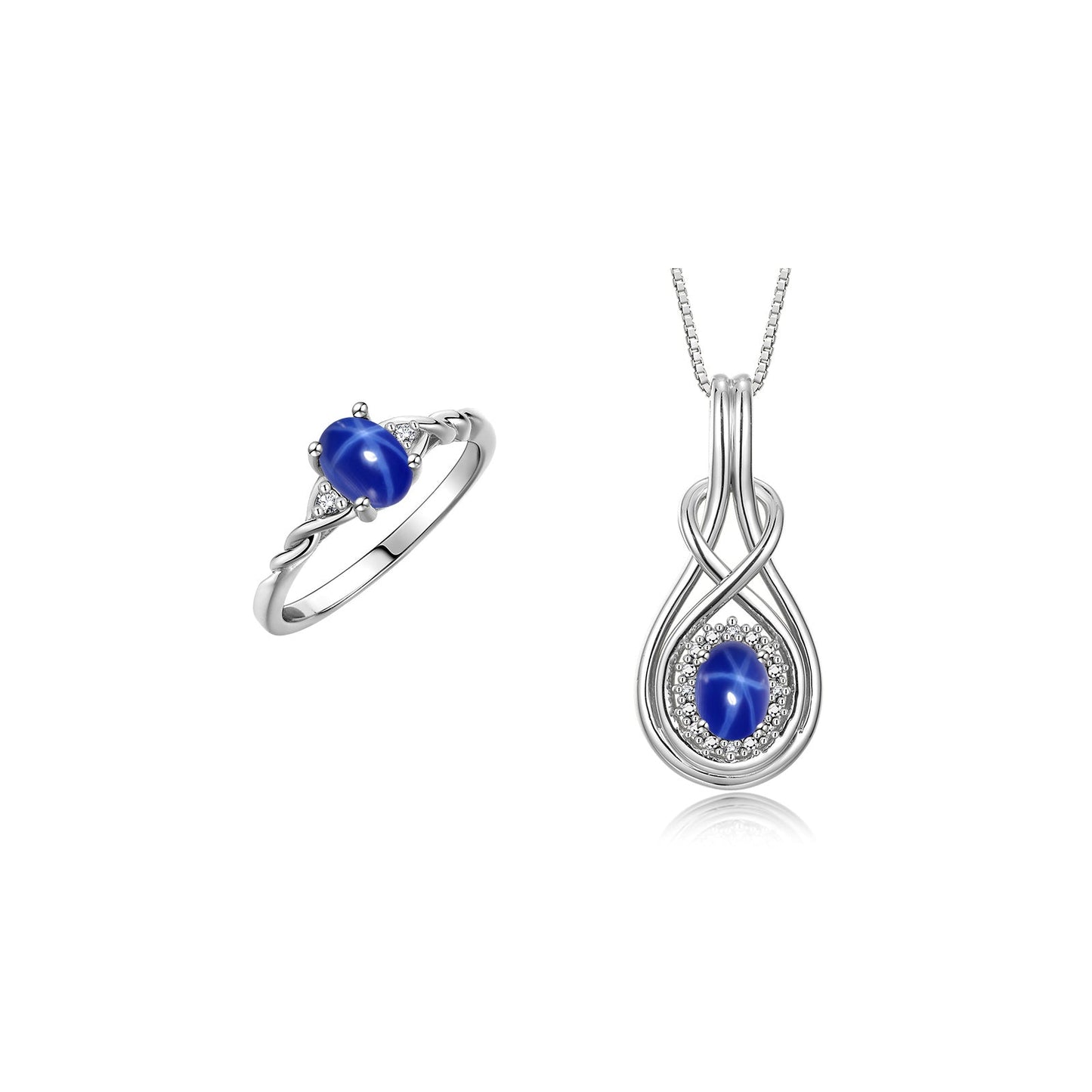 RYLOS Matching Love Knot Jewelry Set Sterling Silver Ring & Pendant Necklace. Gemstone & Diamonds, 8X6MM & 7X5MM Birthstone; Sizes 5-10