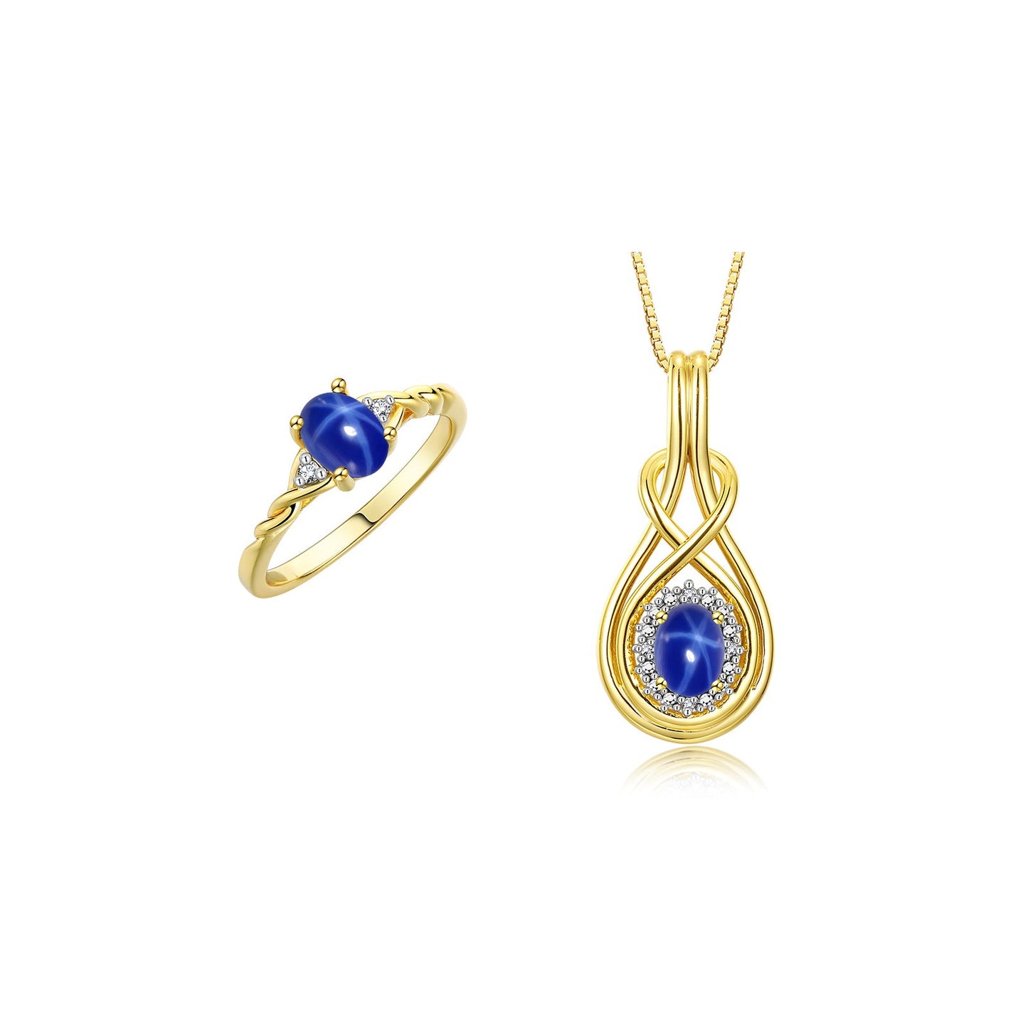 RYLOS Matching Love Knot Jewelry Set 14K Yellow Gold Ring & Pendant Necklace. Gemstone & Diamonds, 8X6MM & 7X5MM Birthstone; Sizes 5-10