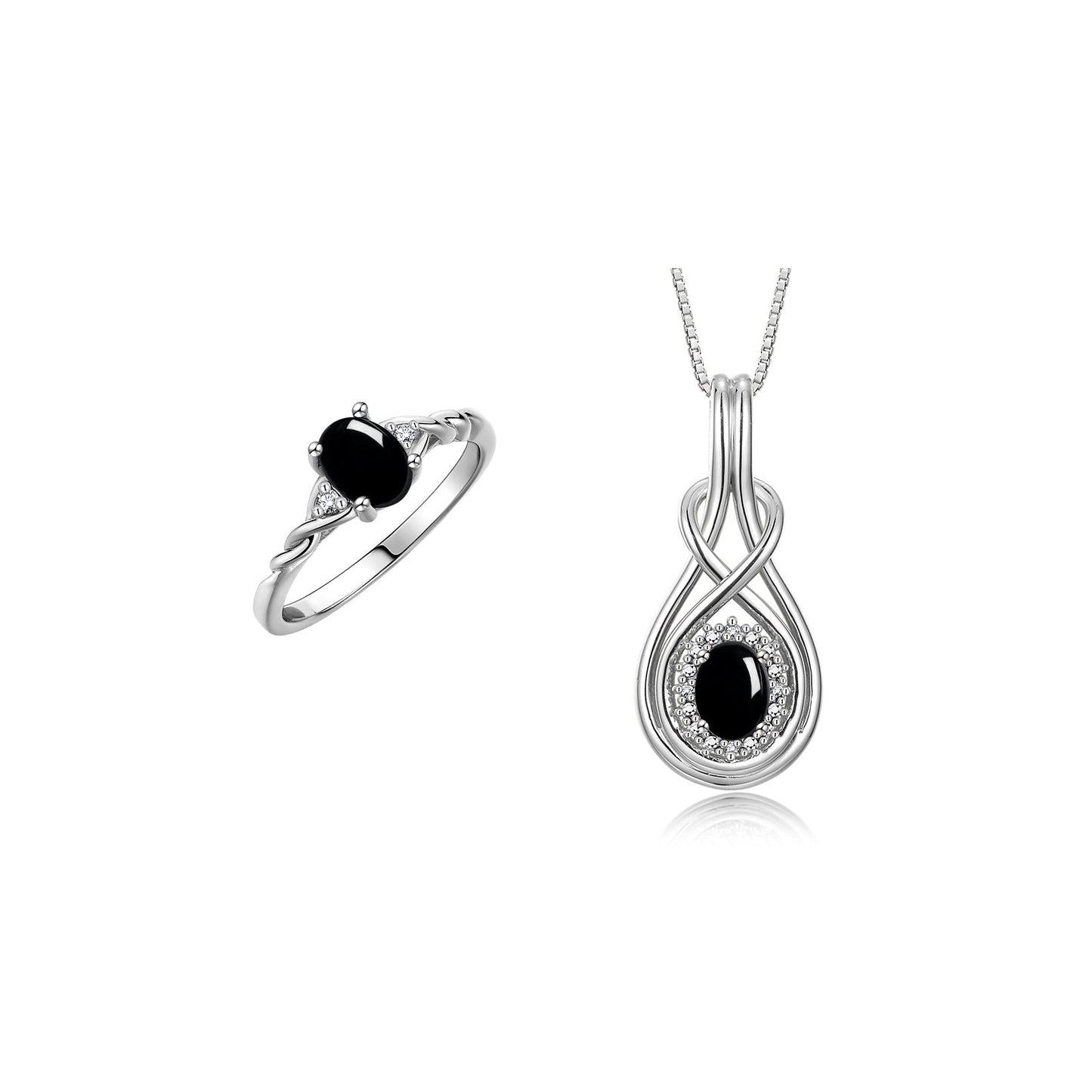 RYLOS Matching Love Knot Jewelry Set 14K White Gold Ring & Pendant Necklace. Gemstone & Diamonds, 8X6MM & 7X5MM Birthstone; Sizes 5-10