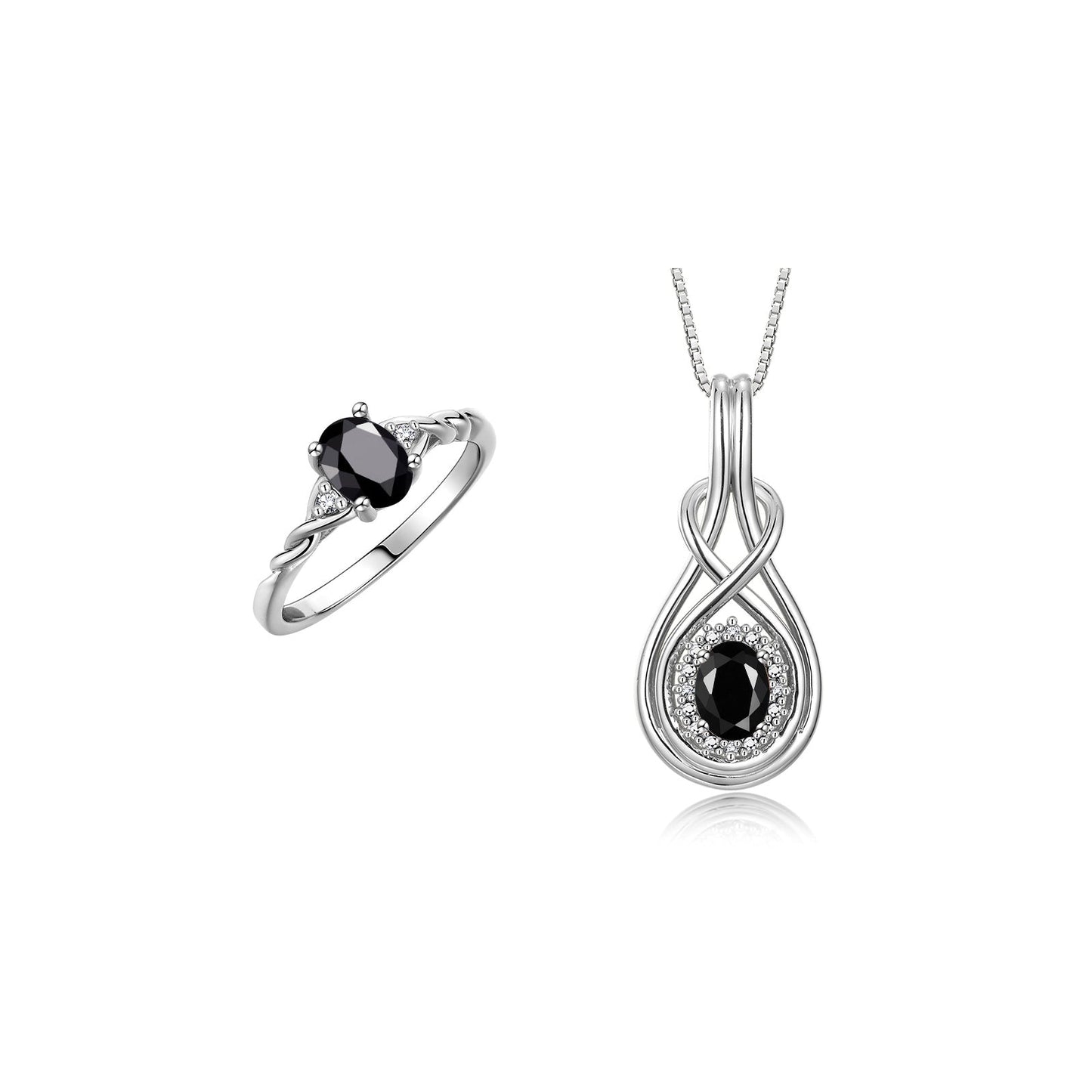 RYLOS Matching Love Knot Jewelry Set Sterling Silver Ring & Pendant Necklace. Gemstone & Diamonds, 8X6MM & 7X5MM Birthstone; Sizes 5-10
