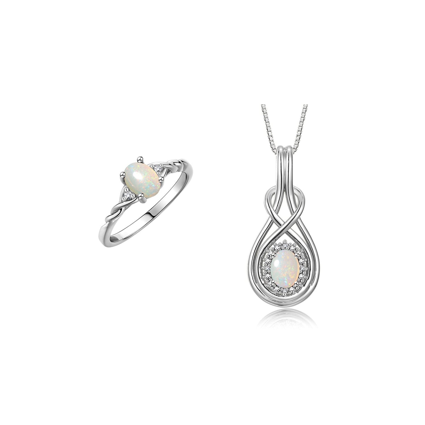 RYLOS Matching Love Knot Jewelry Set Sterling Silver Ring & Pendant Necklace. Gemstone & Diamonds, 8X6MM & 7X5MM Birthstone; Sizes 5-10