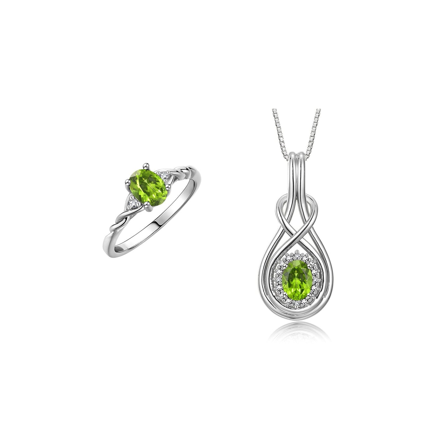 RYLOS Matching Love Knot Jewelry Set 14K White Gold Ring & Pendant Necklace. Gemstone & Diamonds, 8X6MM & 7X5MM Birthstone; Sizes 5-10