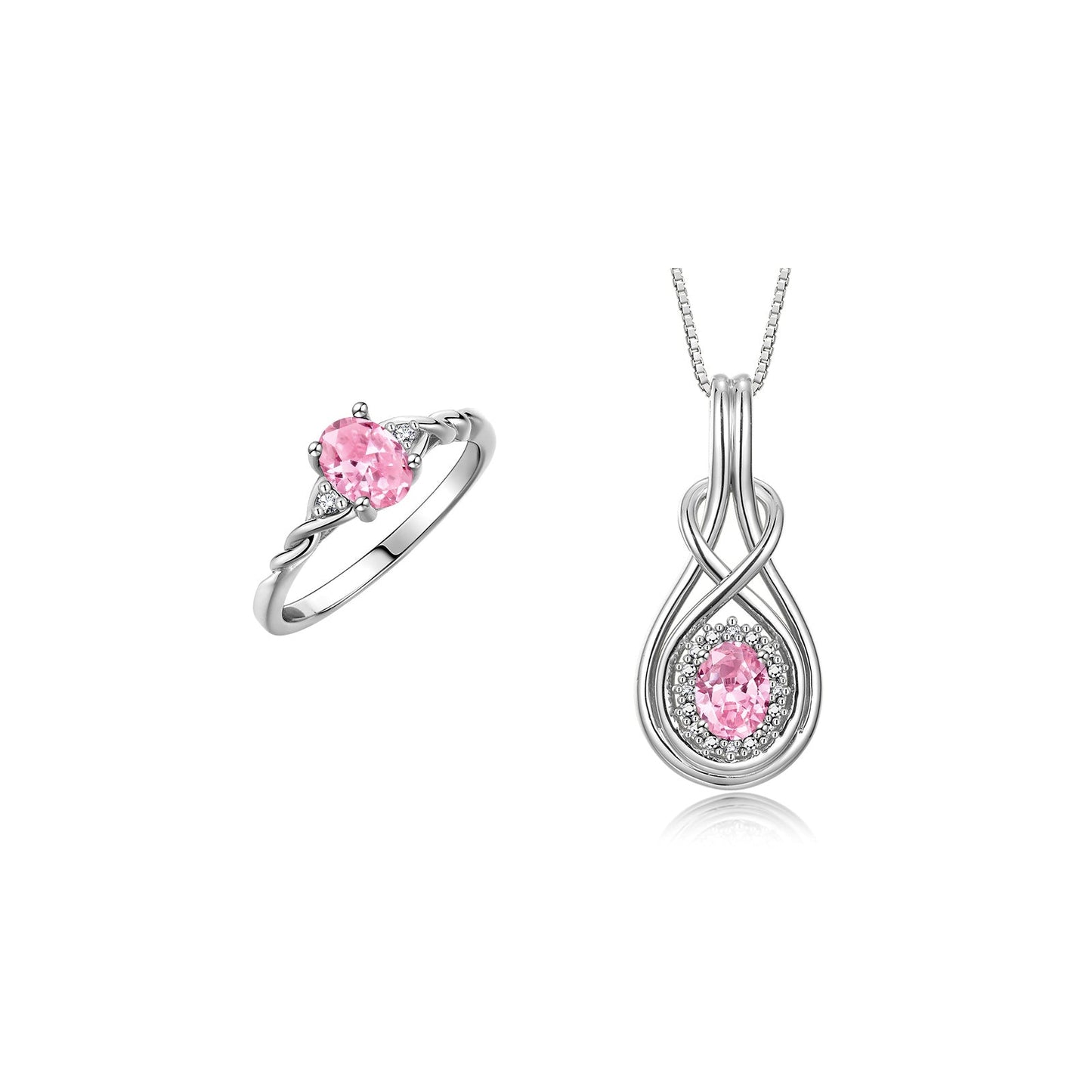 RYLOS Matching Love Knot Jewelry Set Sterling Silver Ring & Pendant Necklace. Gemstone & Diamonds, 8X6MM & 7X5MM Birthstone; Sizes 5-10