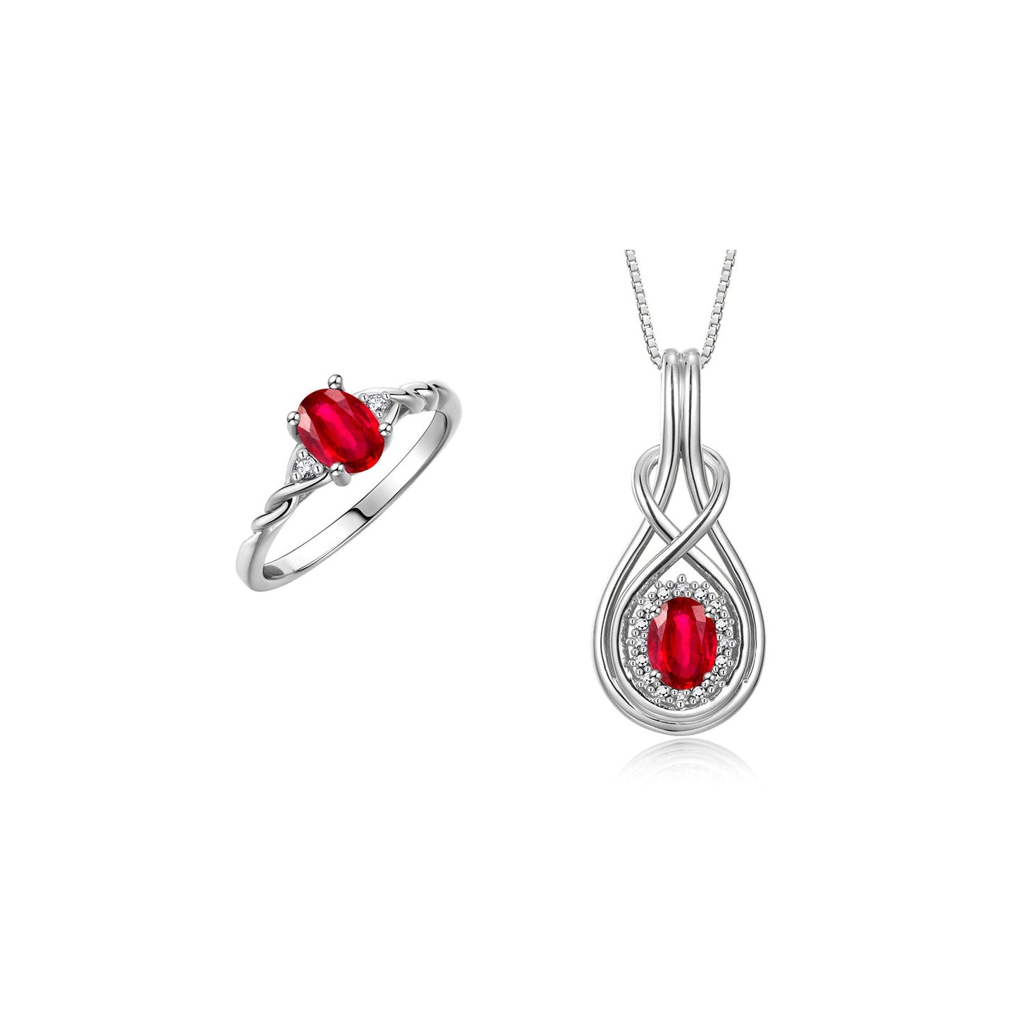 RYLOS Matching Love Knot Jewelry Set Sterling Silver Ring & Pendant Necklace. Gemstone & Diamonds, 8X6MM & 7X5MM Birthstone; Sizes 5-10